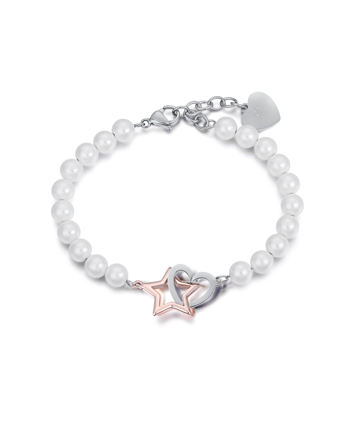BRACCIALE IN ACCIAIO CON PERLE, CUORE E STELLA IN ACCIAIO E IP ROSE