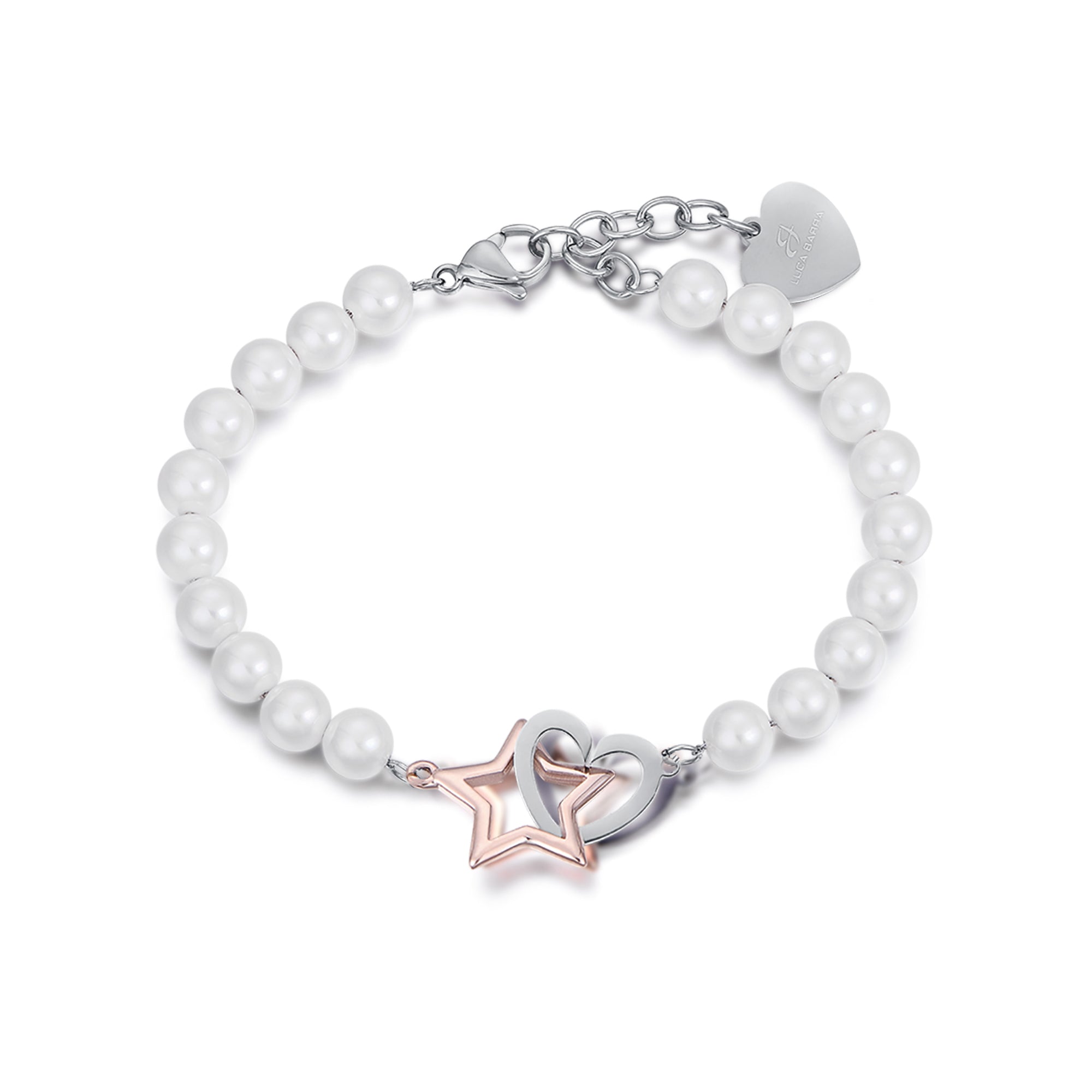BRACCIALE IN ACCIAIO CON PERLE, CUORE E STELLA IN ACCIAIO E IP ROSE