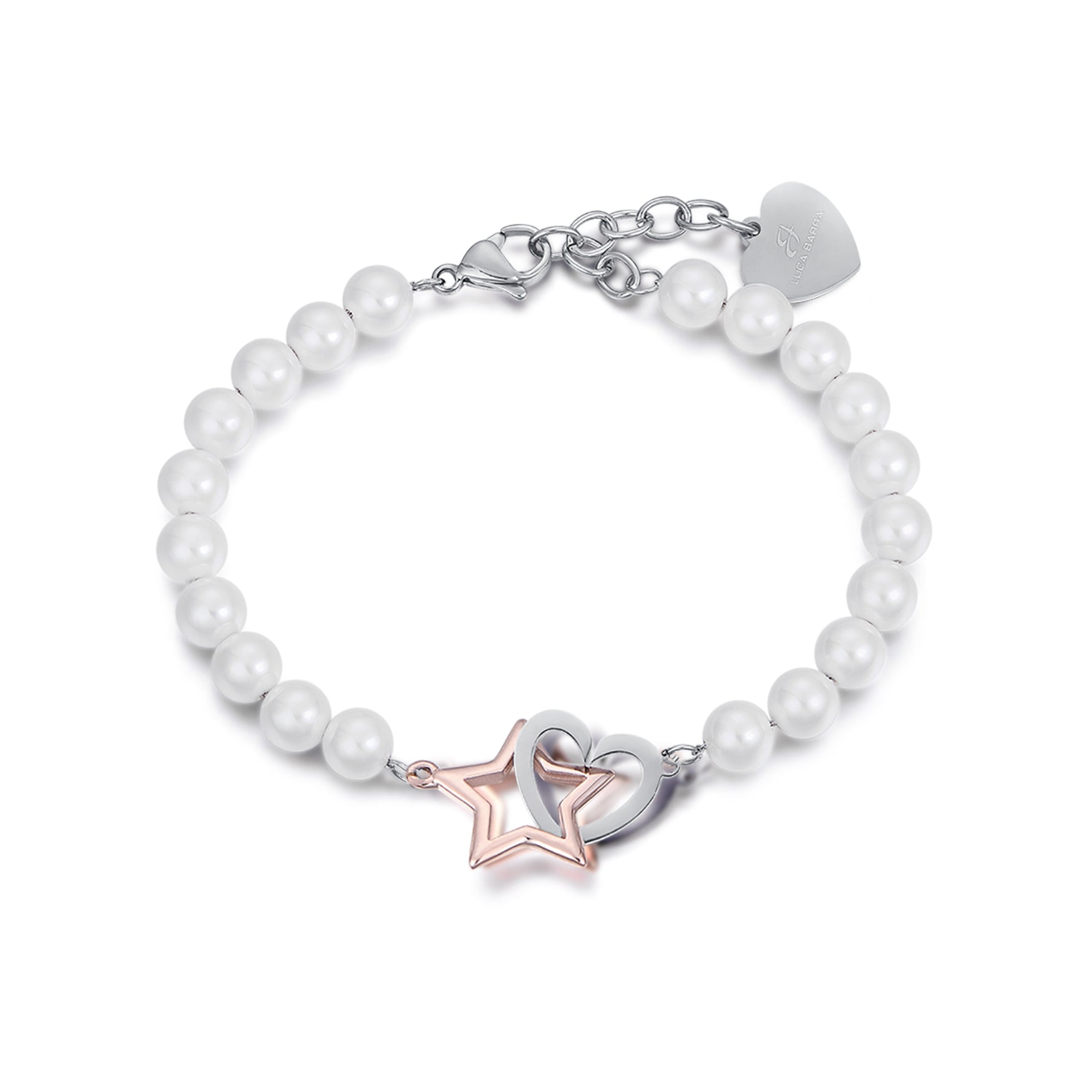 BRACCIALE IN ACCIAIO CON PERLE, CUORE E STELLA IN ACCIAIO E IP ROSE