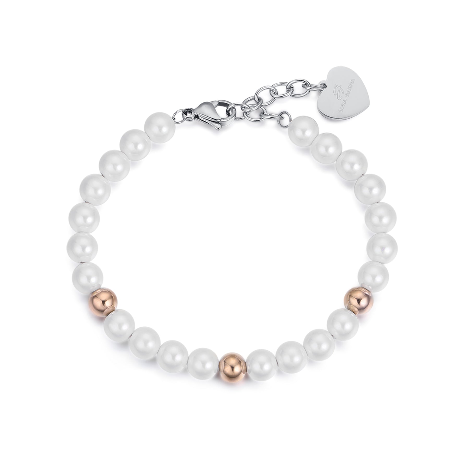 BRACCIALE IN ACCIAIO CON PERLE E SFERE IN ACCIAIO IP ROSE