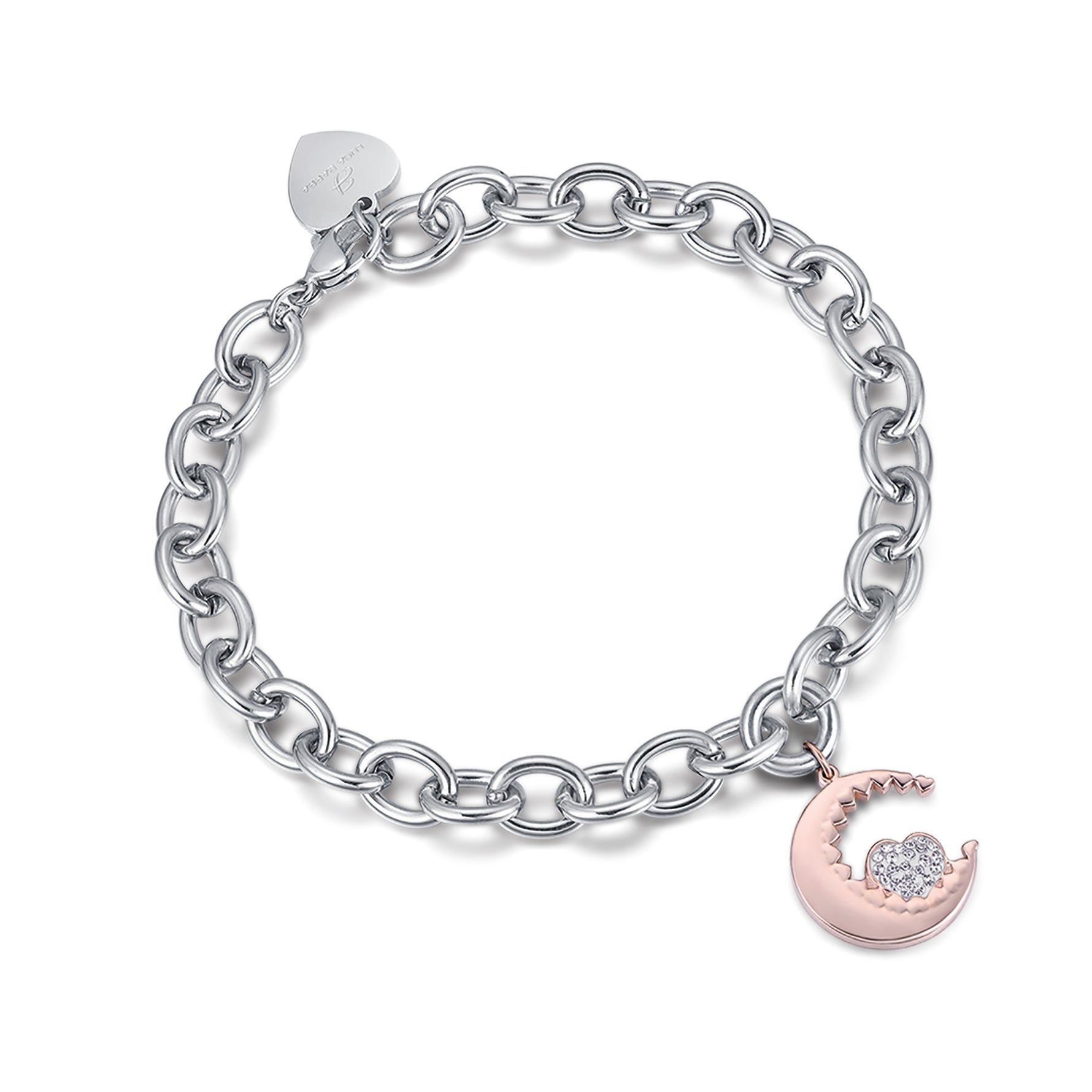 BRACCIALE IN ACCIAIO CON LUNA IP ROSE E CUORE CON CRISTALLI BIANCHI