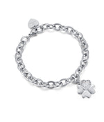 BRACCIALE IN ACCIAIO CON QUADRIFOGLI E CUORE CON CRISTALLI BIANCHI