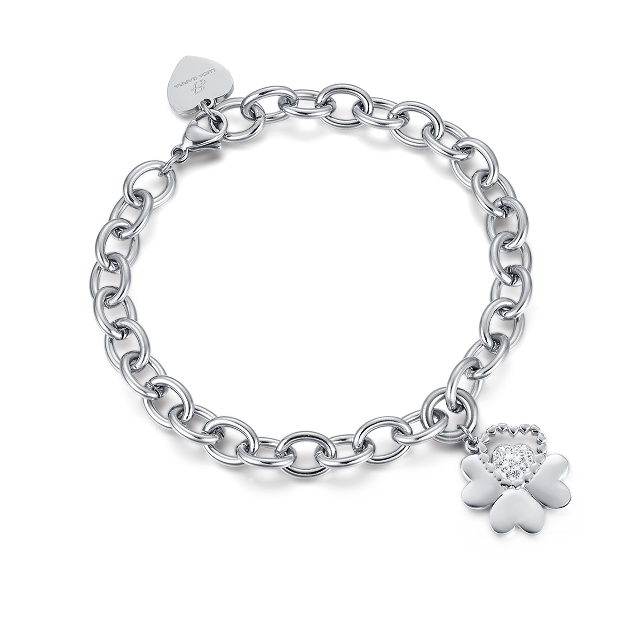 BRACCIALE IN ACCIAIO CON QUADRIFOGLI E CUORE CON CRISTALLI BIANCHI