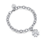 BRACCIALE IN ACCIAIO CON QUADRIFOGLI E CUORE CON CRISTALLI BIANCHI