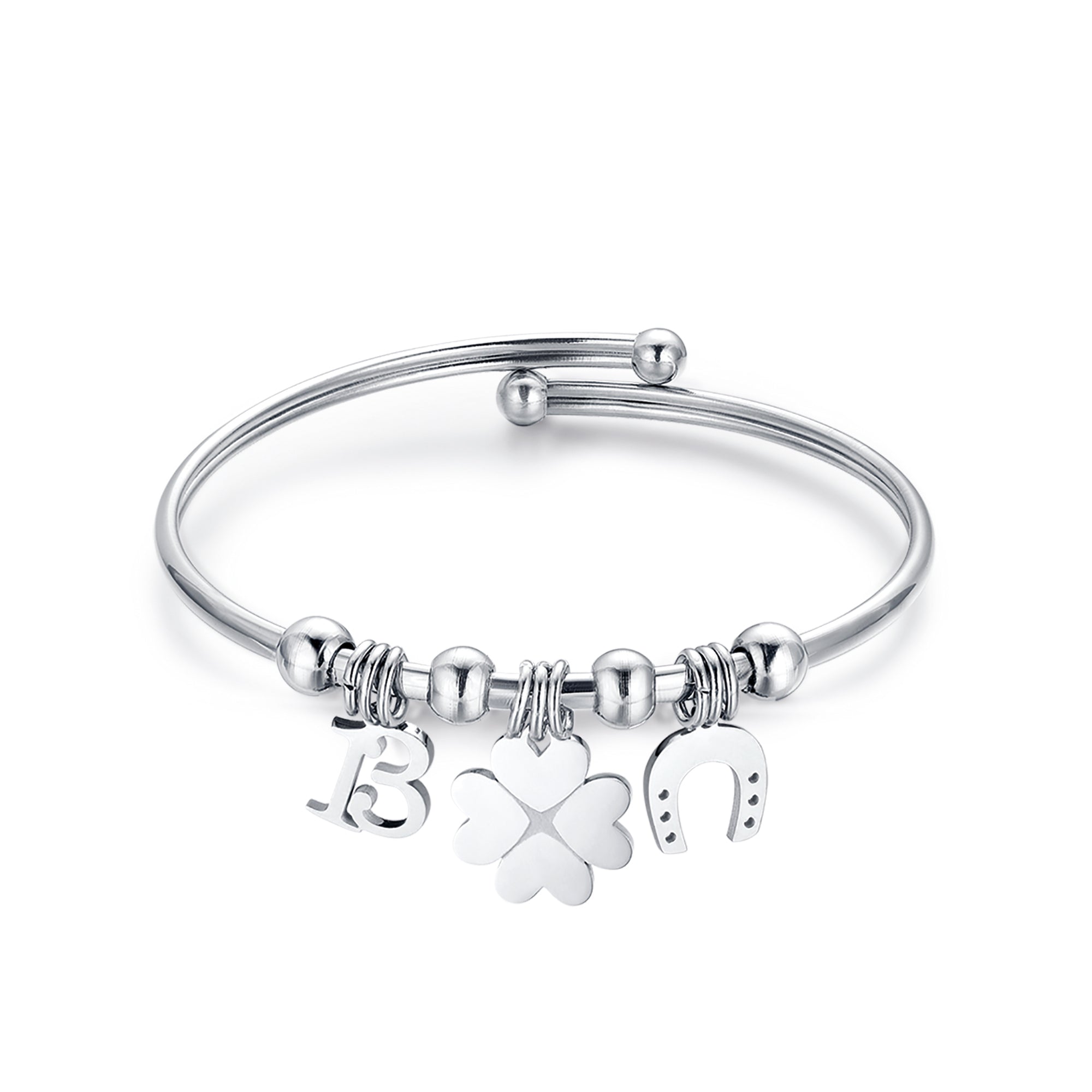 BRACCIALE IN ACCIAIO CON FERRO DI CAVALLO, QUADRIFOGLIO E 13