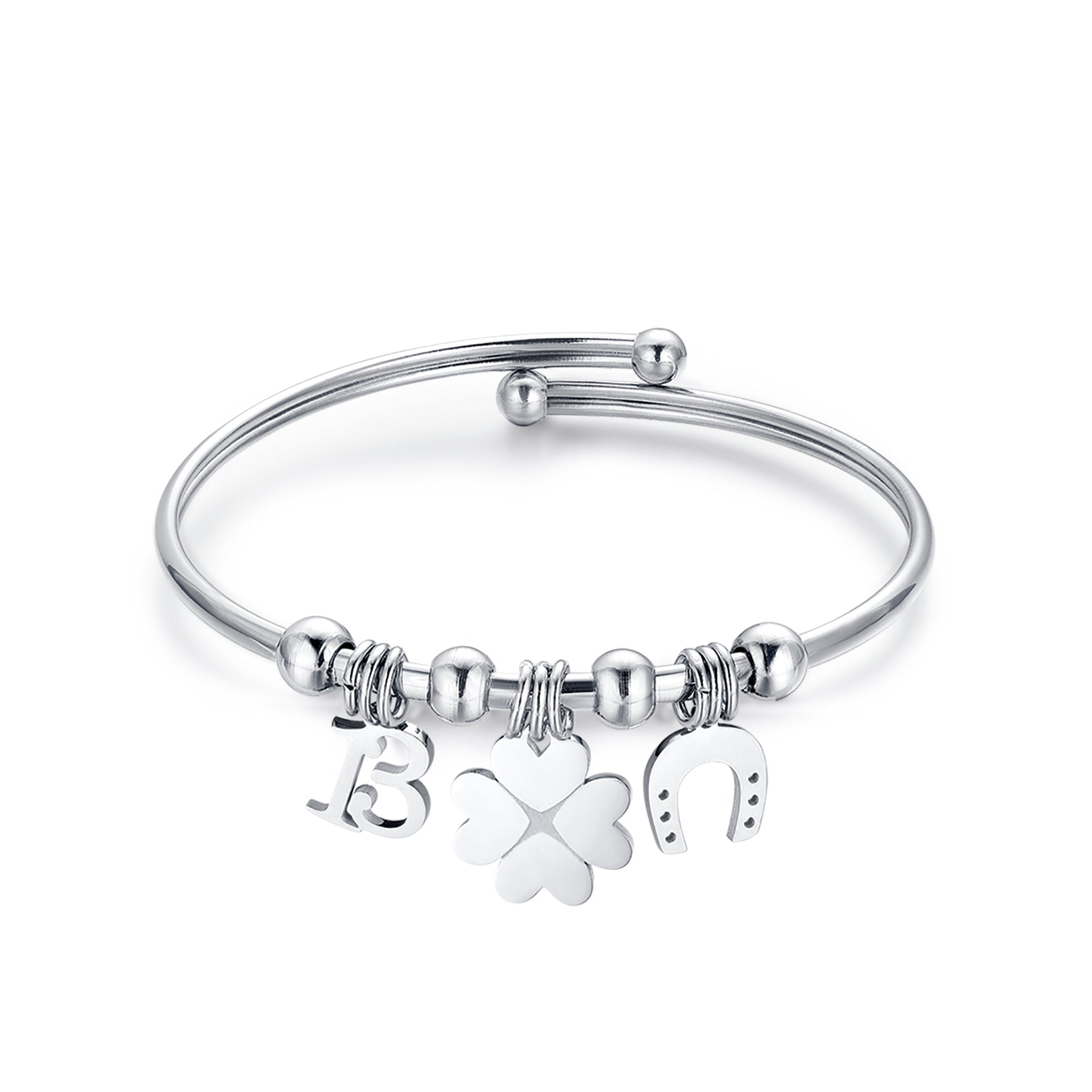 BRACCIALE IN ACCIAIO CON FERRO DI CAVALLO, QUADRIFOGLIO E 13