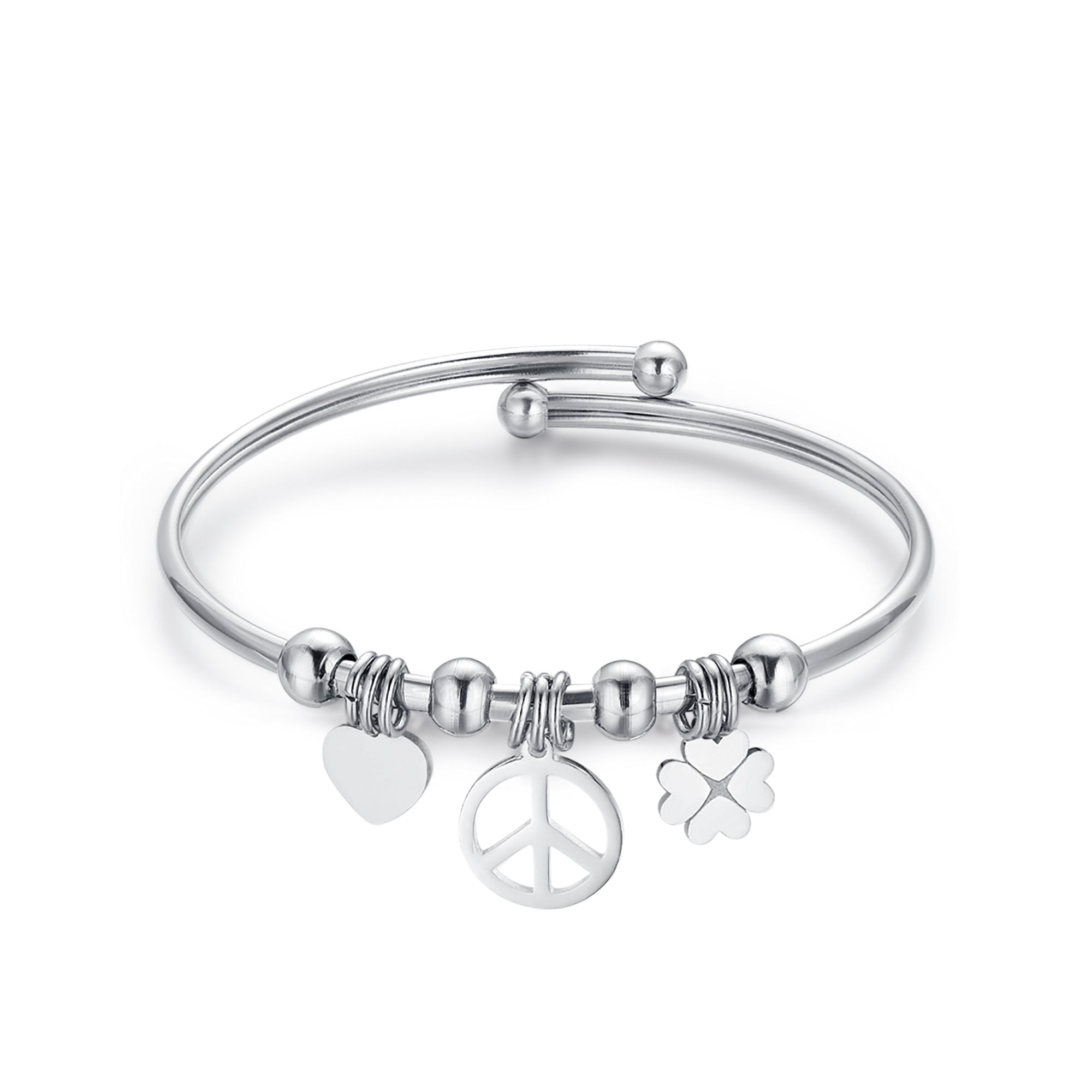 BRACCIALE IN ACCIAIO CON QUADRIFOGLIO, SIMBOLO DELLA PACE E CUORE