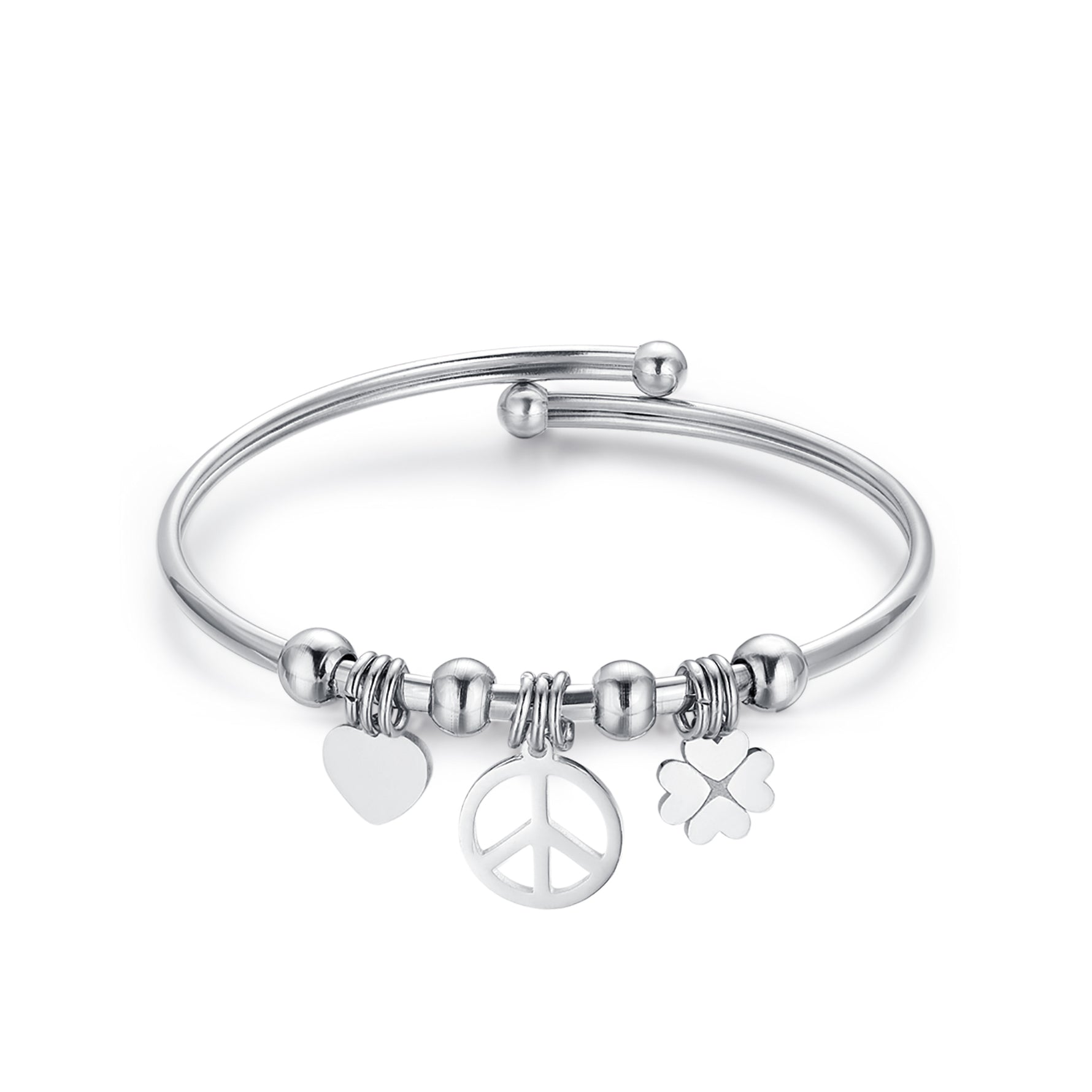 BRACCIALE IN ACCIAIO CON QUADRIFOGLIO, SIMBOLO DELLA PACE E CUORE