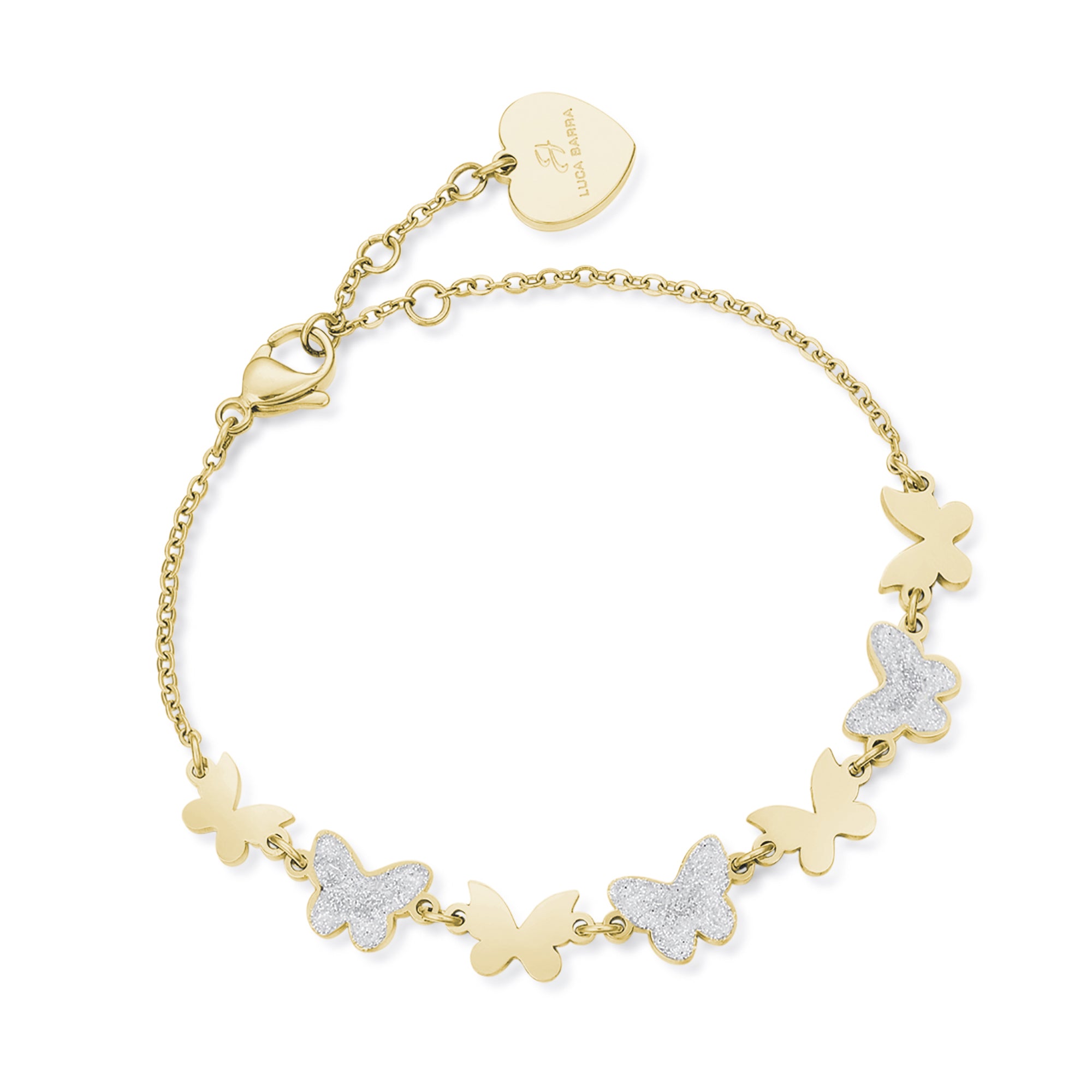 BRACCIALE IN ACCIAIO IP GOLD CON FARFALLE E GLITTER BIANCO