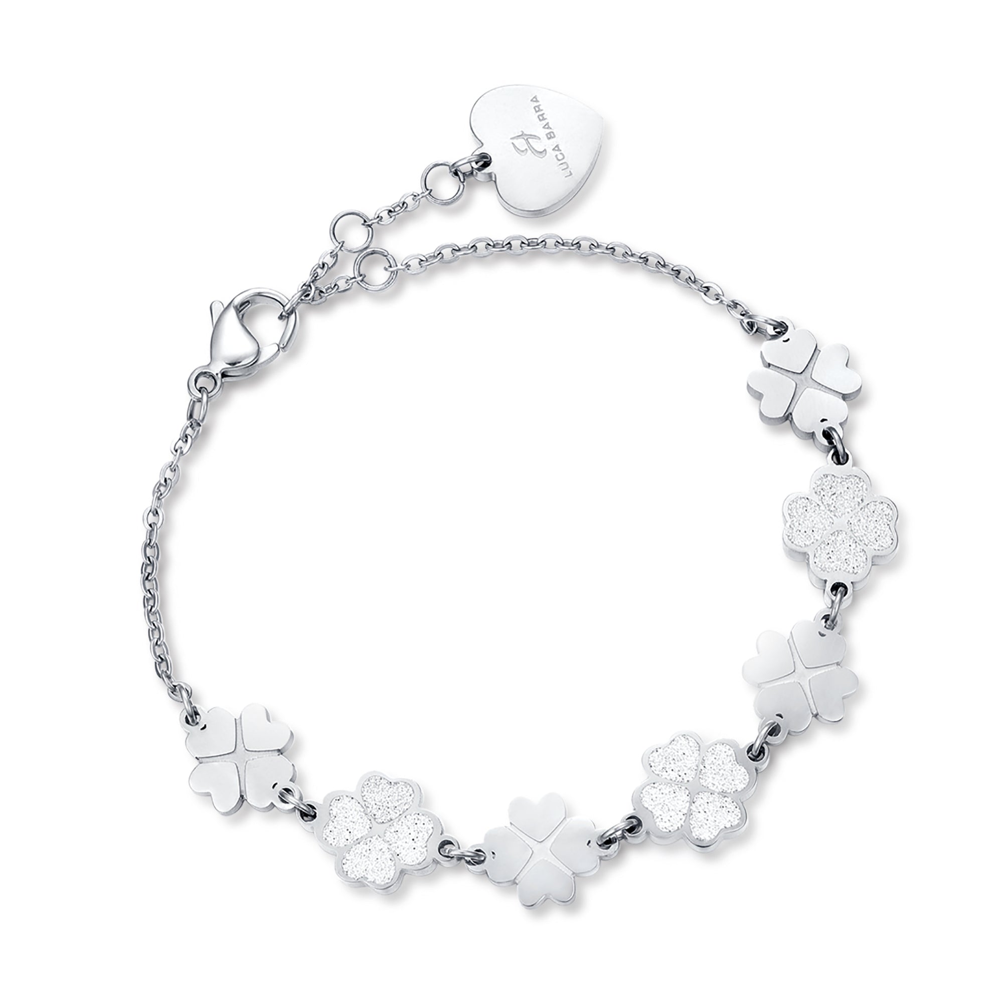 Bracciale in acciao con quadrifogli e glitter bianco