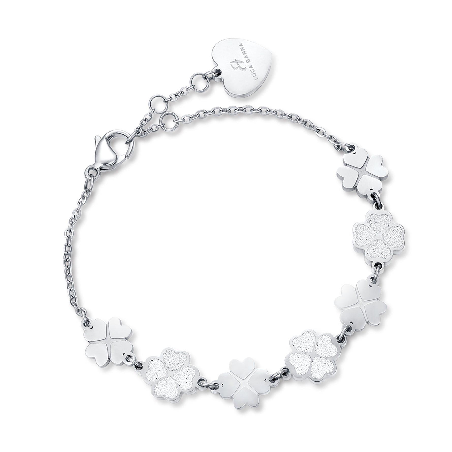 Bracciale in acciao con quadrifogli e glitter bianco