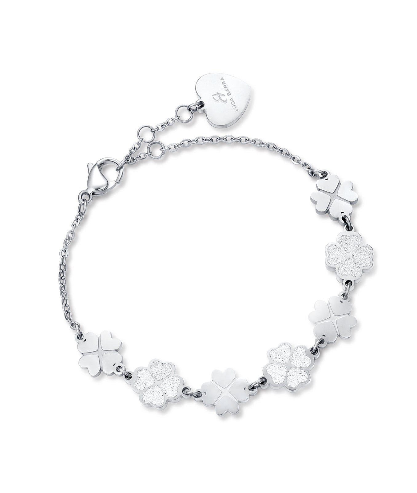 Bracciale in acciao con quadrifogli e glitter bianco