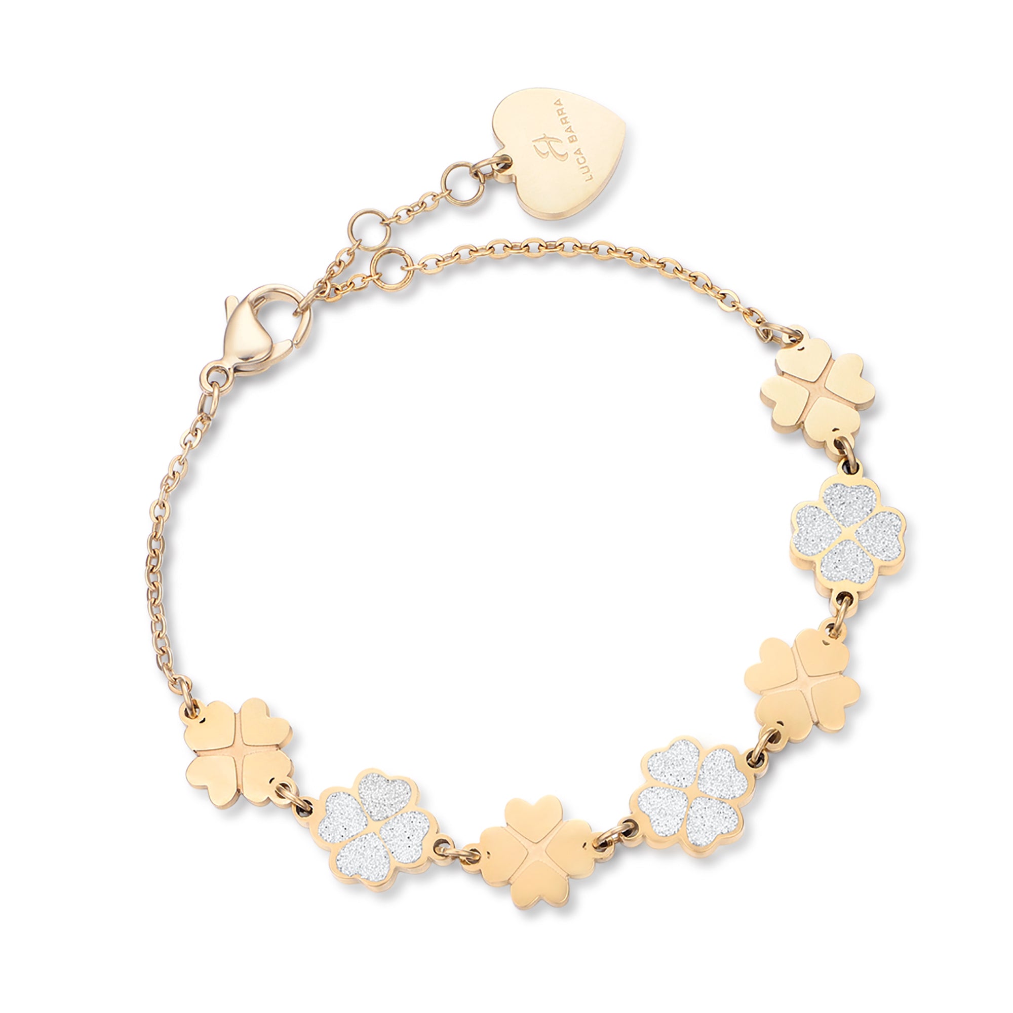 BRACCIALE IN ACCIAIO IP GOLD CON QUADRIFOGLI E GLITTER BIANCO