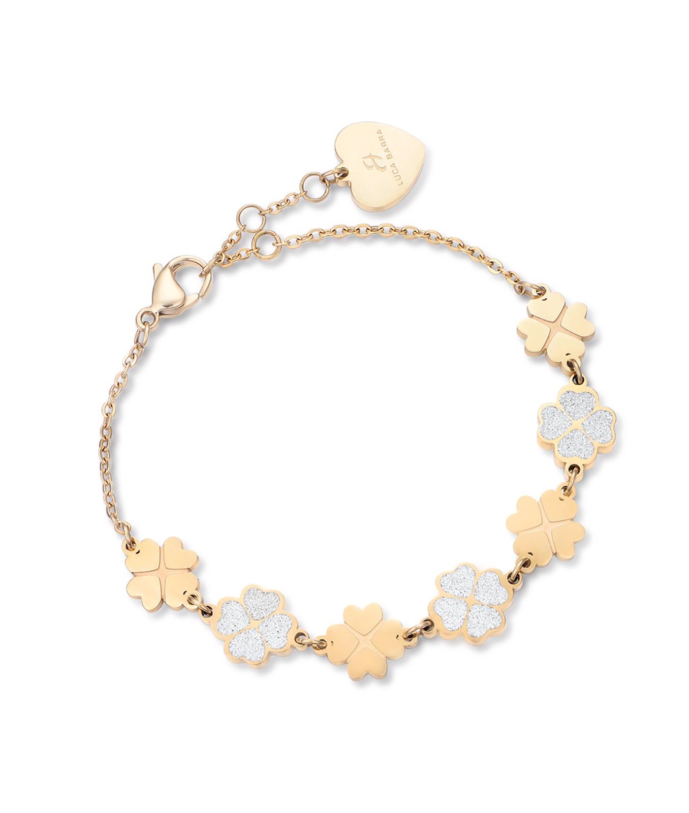 BRACCIALE IN ACCIAIO IP GOLD CON QUADRIFOGLI E GLITTER BIANCO