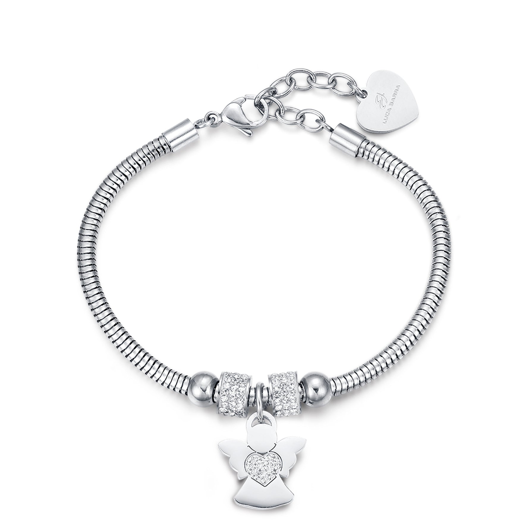 BRACCIALE IN ACCIAIO CON ANGELO E CRISTALLI BIANCHI