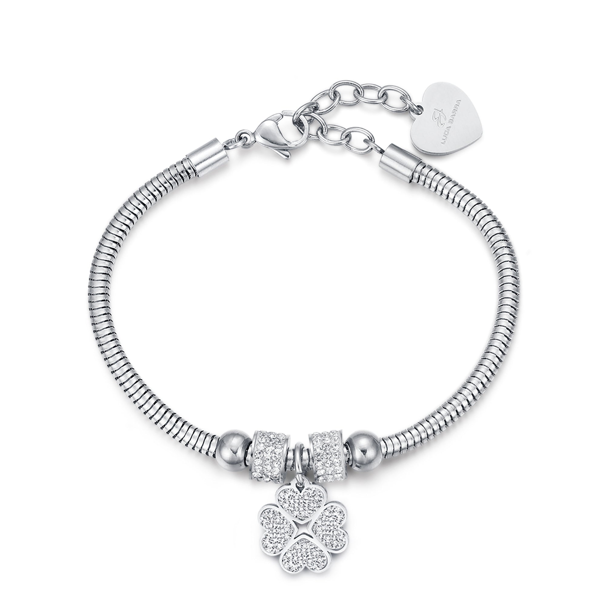 BRACCIALE IN ACCIAIO CON QUADRIFOGLIO E CRISTALLI BIANCHI