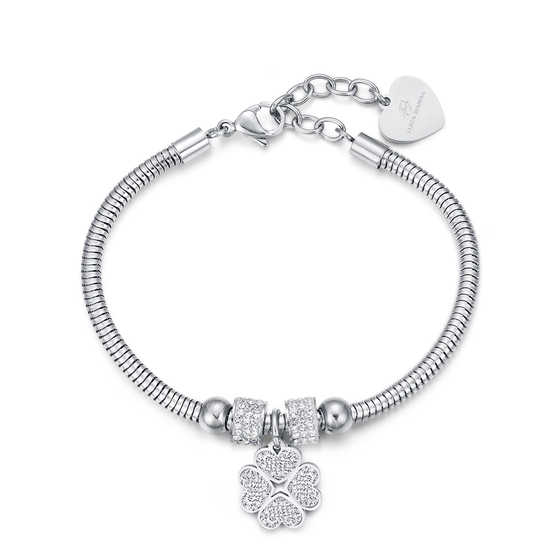 BRACCIALE IN ACCIAIO CON QUADRIFOGLIO E CRISTALLI BIANCHI
