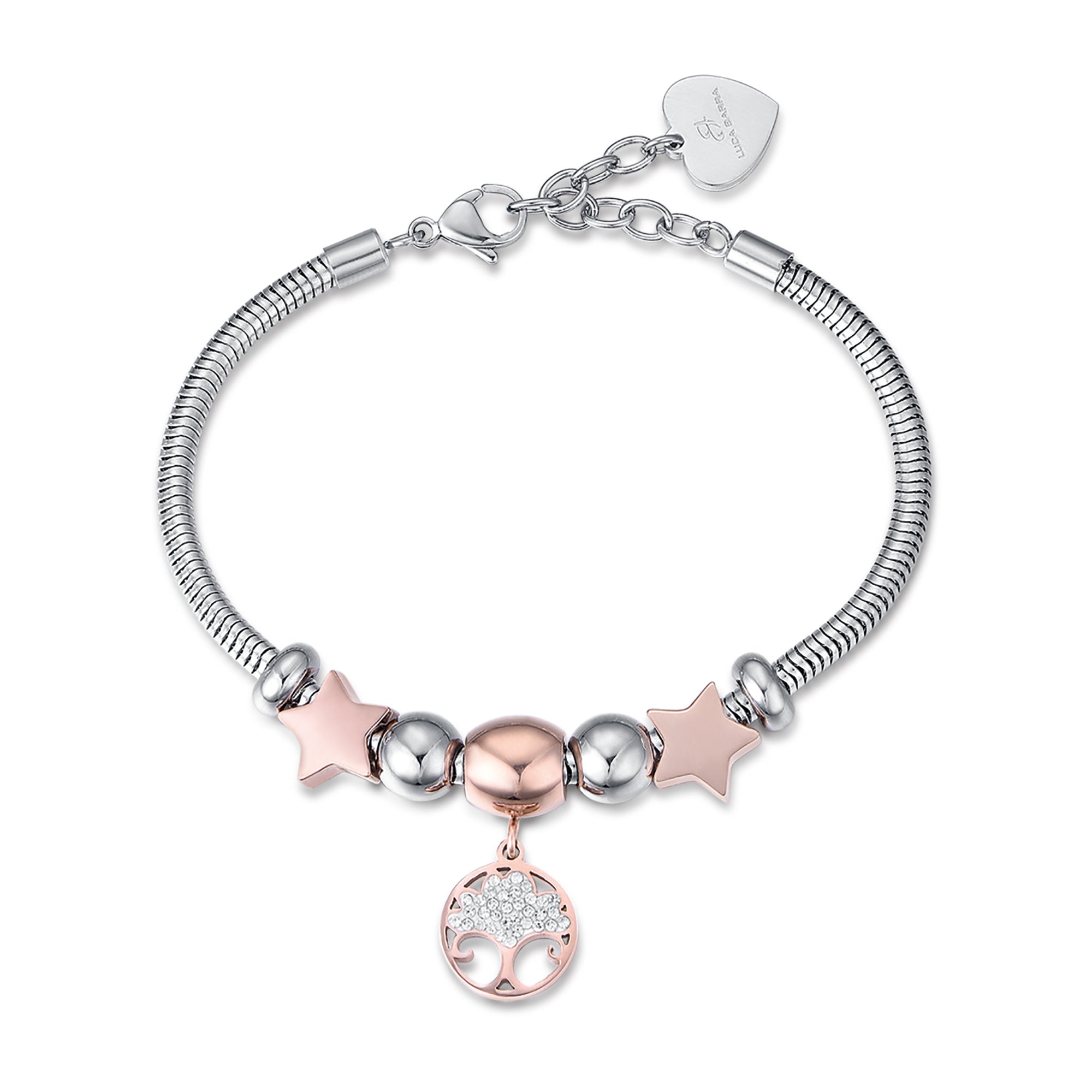 BRACCIALE IN ACCIAIO CON ALBERO DELLA VITA IP ROSE E CRISTALLI BIANCHI E STELLE