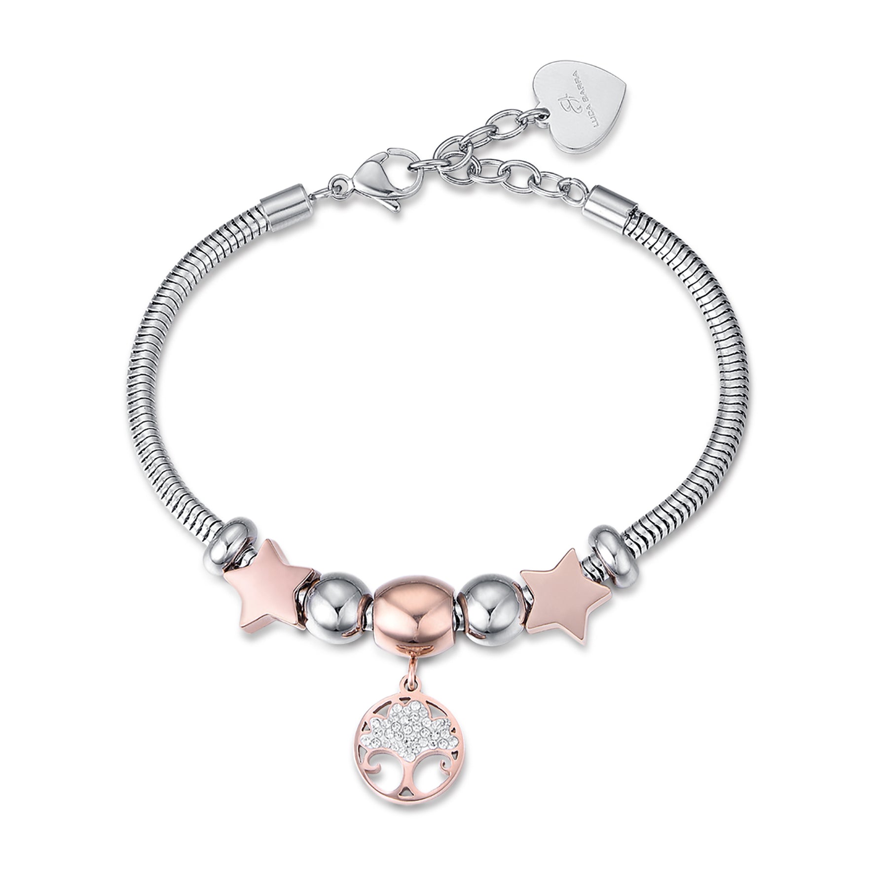 BRACCIALE IN ACCIAIO CON ALBERO DELLA VITA IP ROSE E CRISTALLI BIANCHI E STELLE