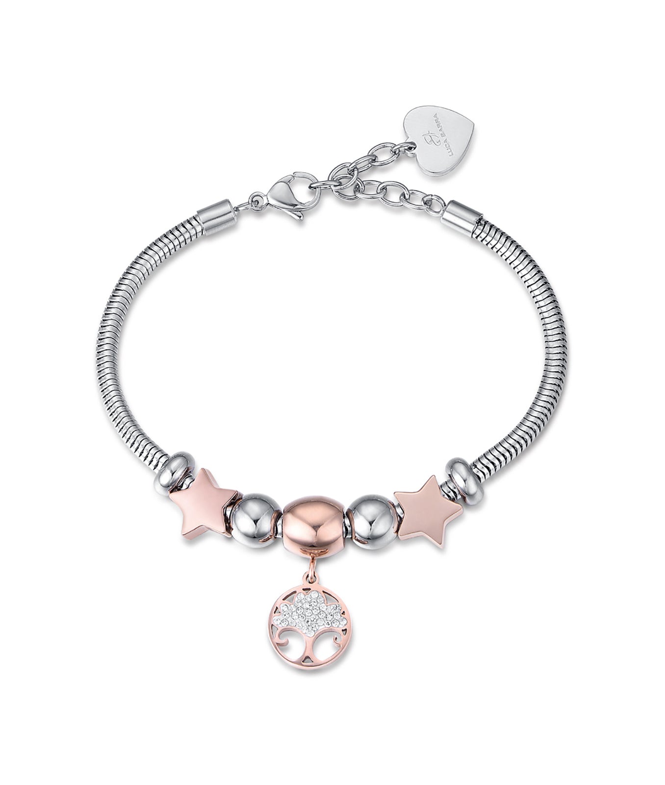 BRACCIALE IN ACCIAIO CON ALBERO DELLA VITA IP ROSE E CRISTALLI BIANCHI E STELLE
