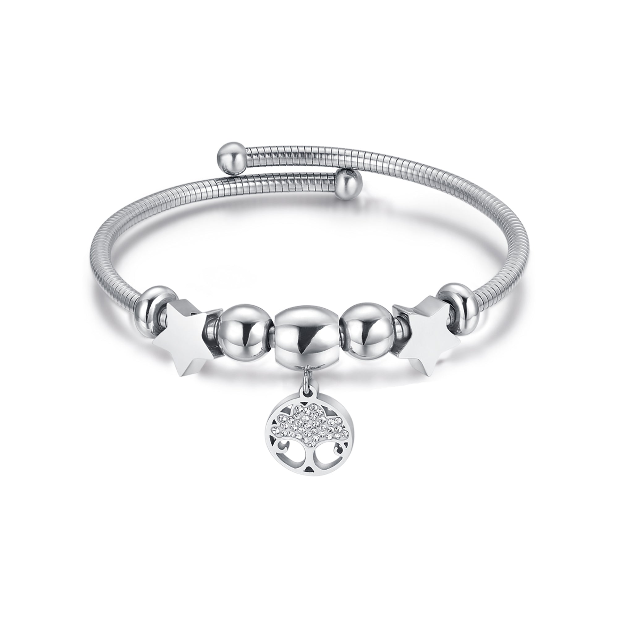 BRACCIALE IN ACCIAIO CON ALBERO DELLA VITA CON CRISTALLI E STELLE ACCIAIO