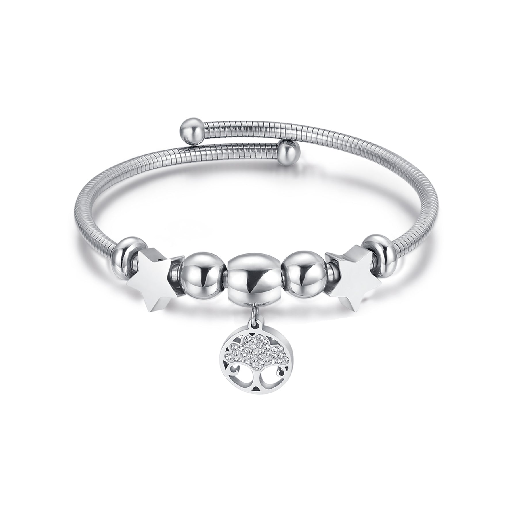 BRACCIALE IN ACCIAIO CON ALBERO DELLA VITA CON CRISTALLI E STELLE ACCIAIO