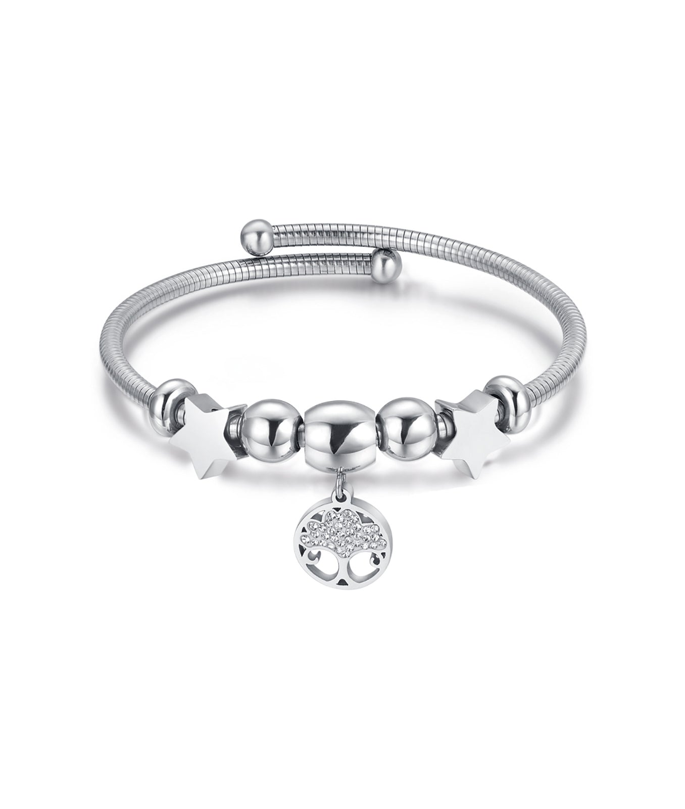 BRACCIALE IN ACCIAIO CON ALBERO DELLA VITA CON CRISTALLI E STELLE ACCIAIO
