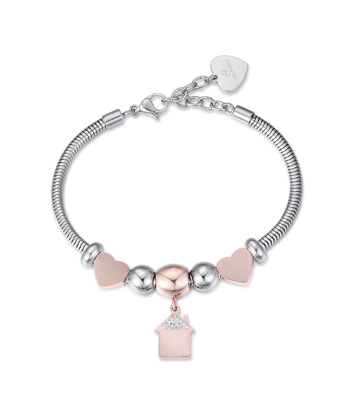 BRACCIALE IN ACCIAIO CON CASA IP ROSE CON CRISTALLI BIANCHI E CUORI IP ROSE