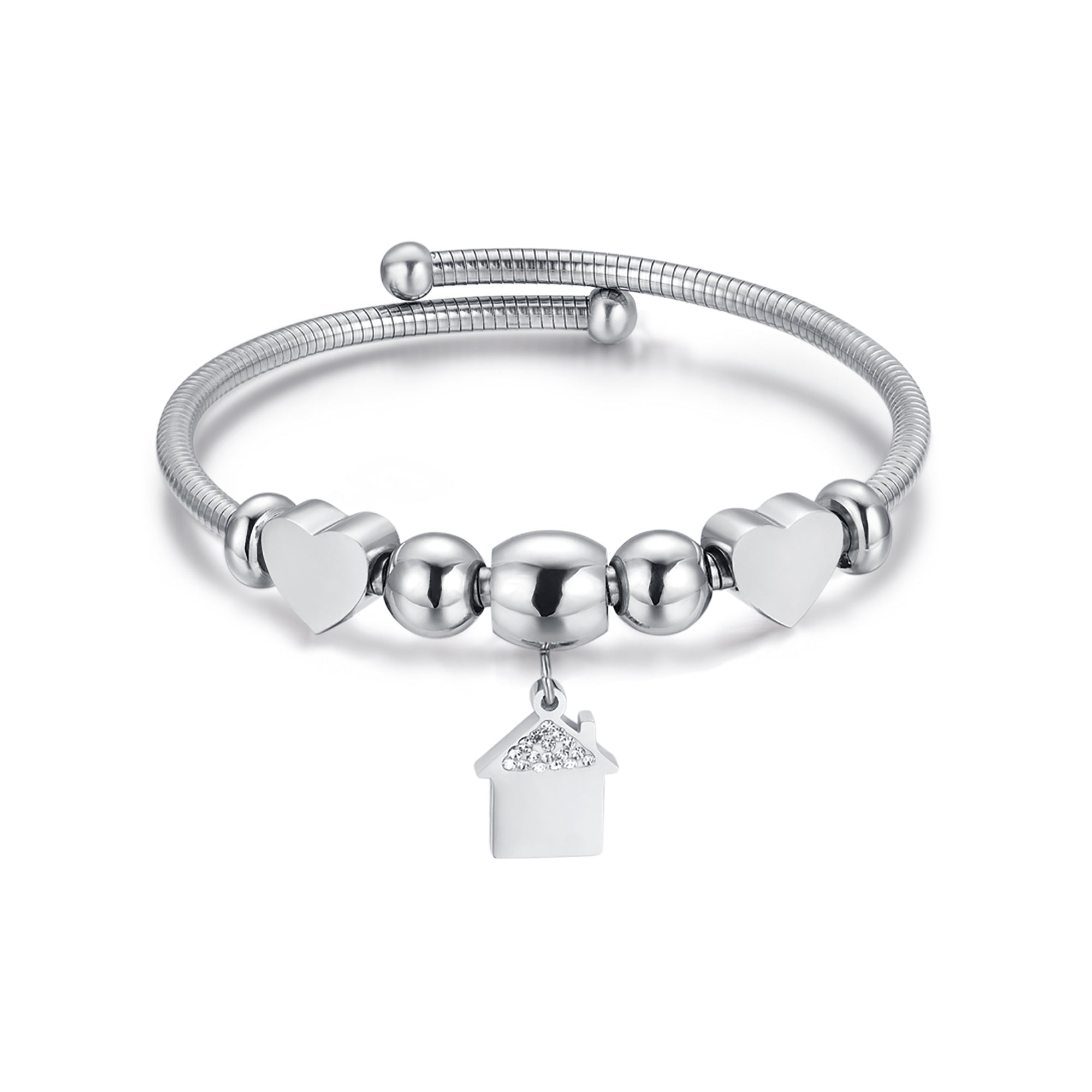 BRACCIALE IN ACCIAIO CON CASA CON CRISTALLI BIANCHI E CUORI ACCIAIO