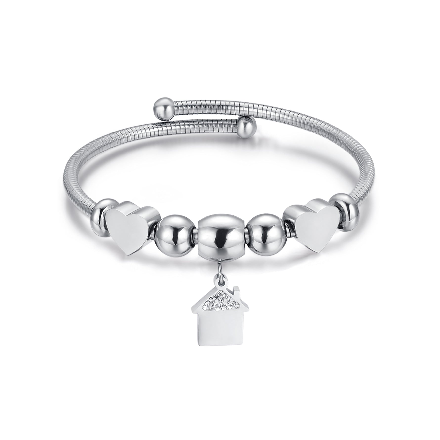 BRACCIALE IN ACCIAIO CON CASA CON CRISTALLI BIANCHI E CUORI ACCIAIO