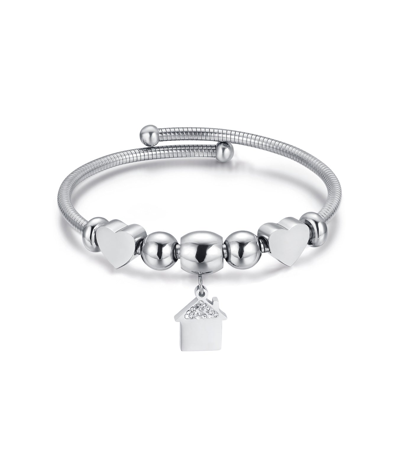 BRACCIALE IN ACCIAIO CON CASA CON CRISTALLI BIANCHI E CUORI ACCIAIO