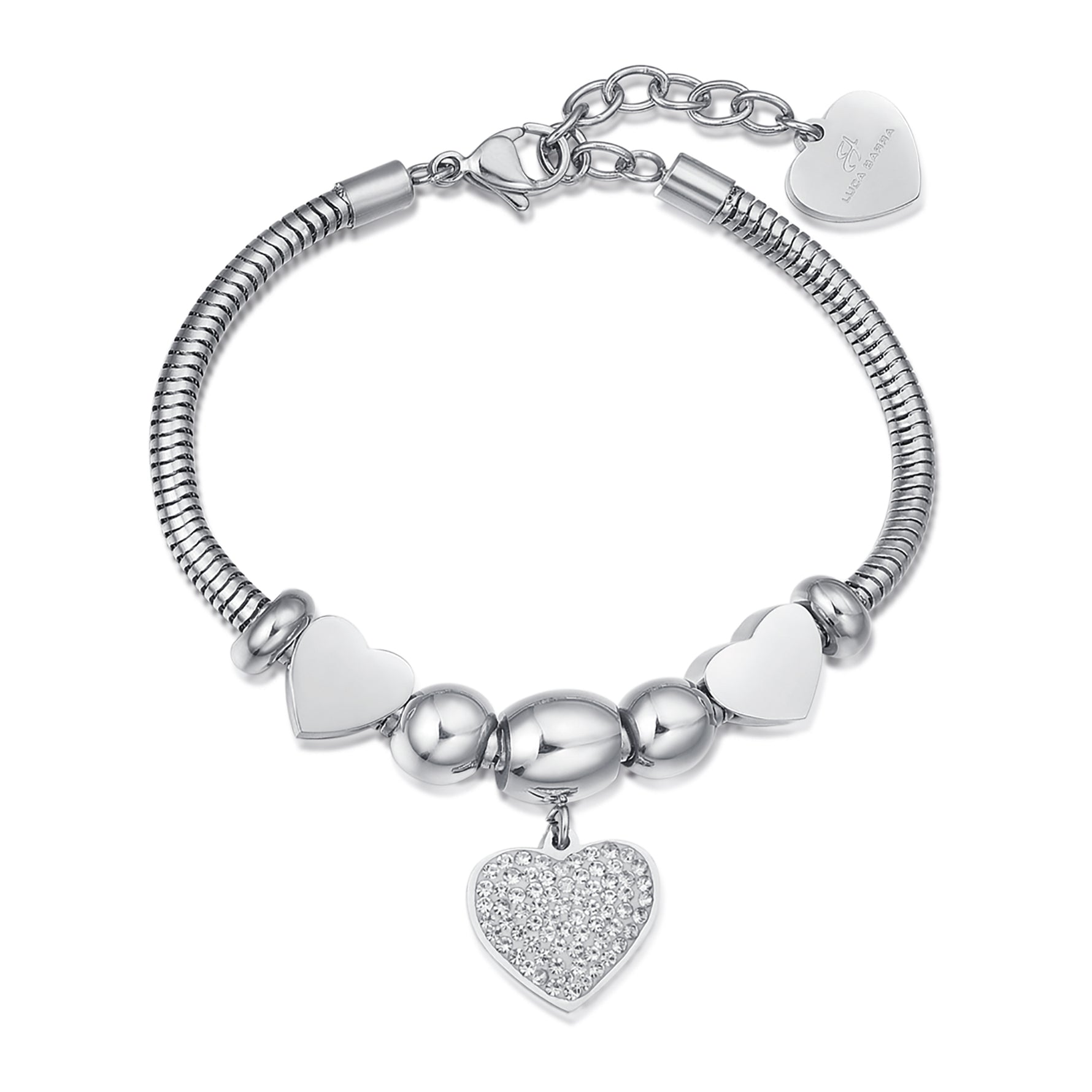 BRACCIALE IN ACCIAIO CON CUORE CON CRISTALLI BIANCHI E CUORI ACCIAIO