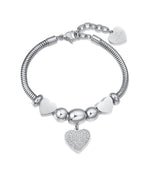 BRACCIALE IN ACCIAIO CON CUORE CON CRISTALLI BIANCHI E CUORI ACCIAIO