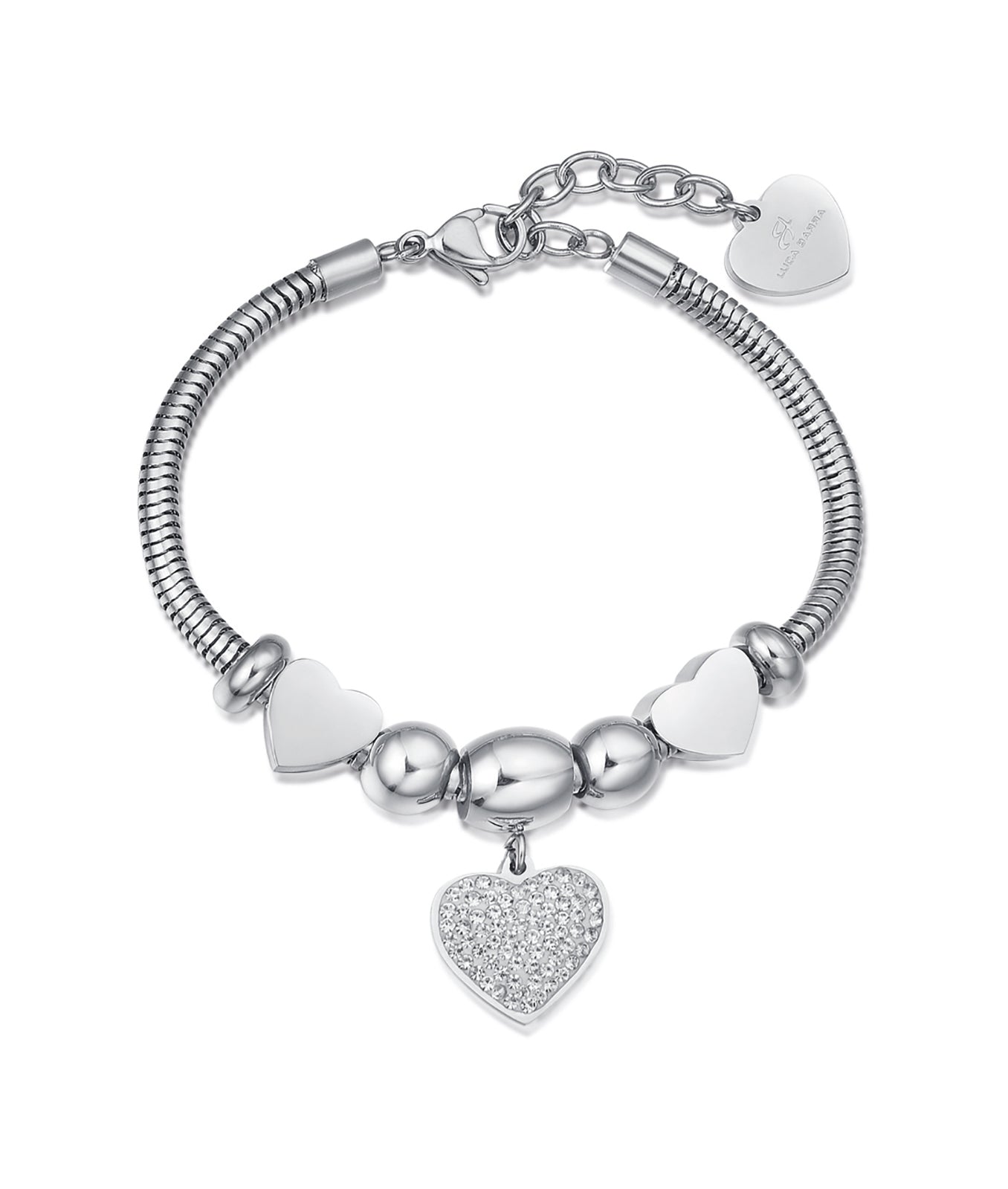 BRACCIALE IN ACCIAIO CON CUORE CON CRISTALLI BIANCHI E CUORI ACCIAIO
