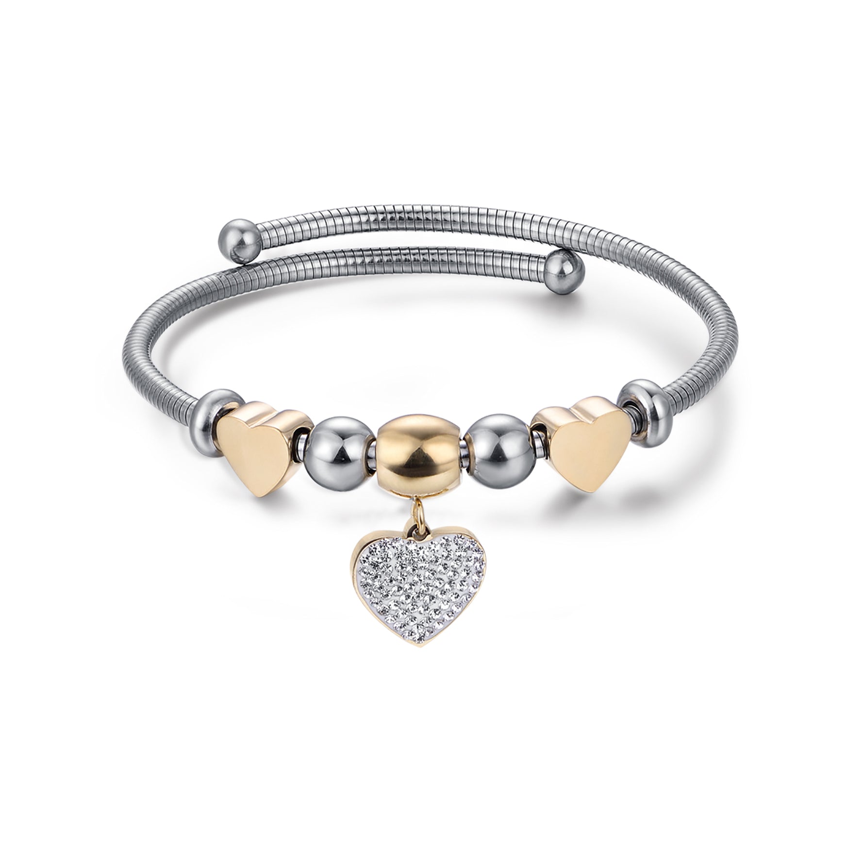 BRACCIALE IN ACCIAIO CON CUORE IP GOLD CON CRISTALLI BIANCHI E CUORI IP GOLD
