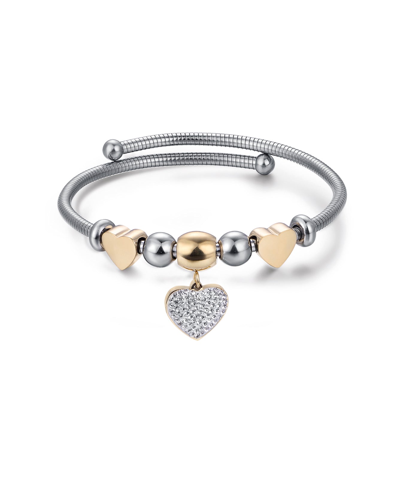 BRACCIALE IN ACCIAIO CON CUORE IP GOLD CON CRISTALLI BIANCHI E CUORI IP GOLD