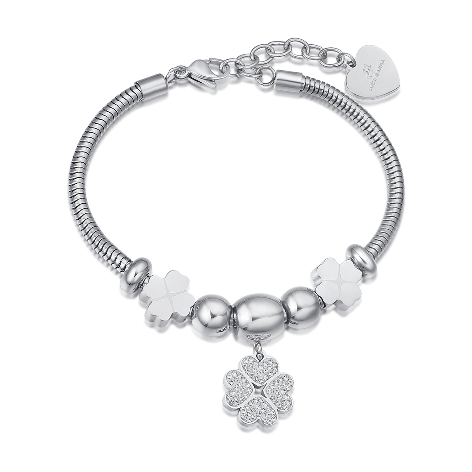 BRACCIALE IN ACCIAIO CON QUADRIFOGLIO CON CRISTALLI BIANCHI E QUADRIFOGLI