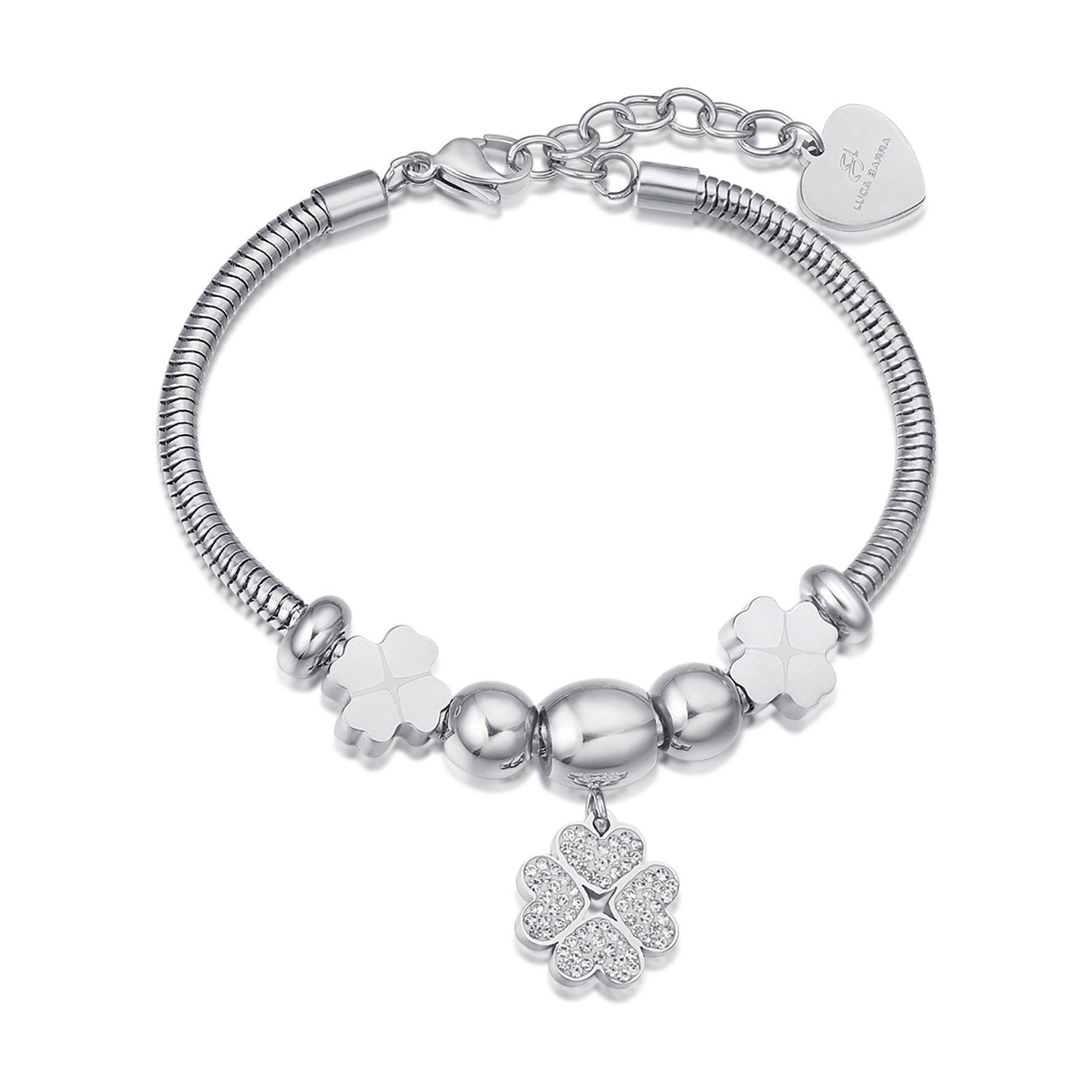 BRACCIALE IN ACCIAIO CON QUADRIFOGLIO CON CRISTALLI BIANCHI E QUADRIFOGLI