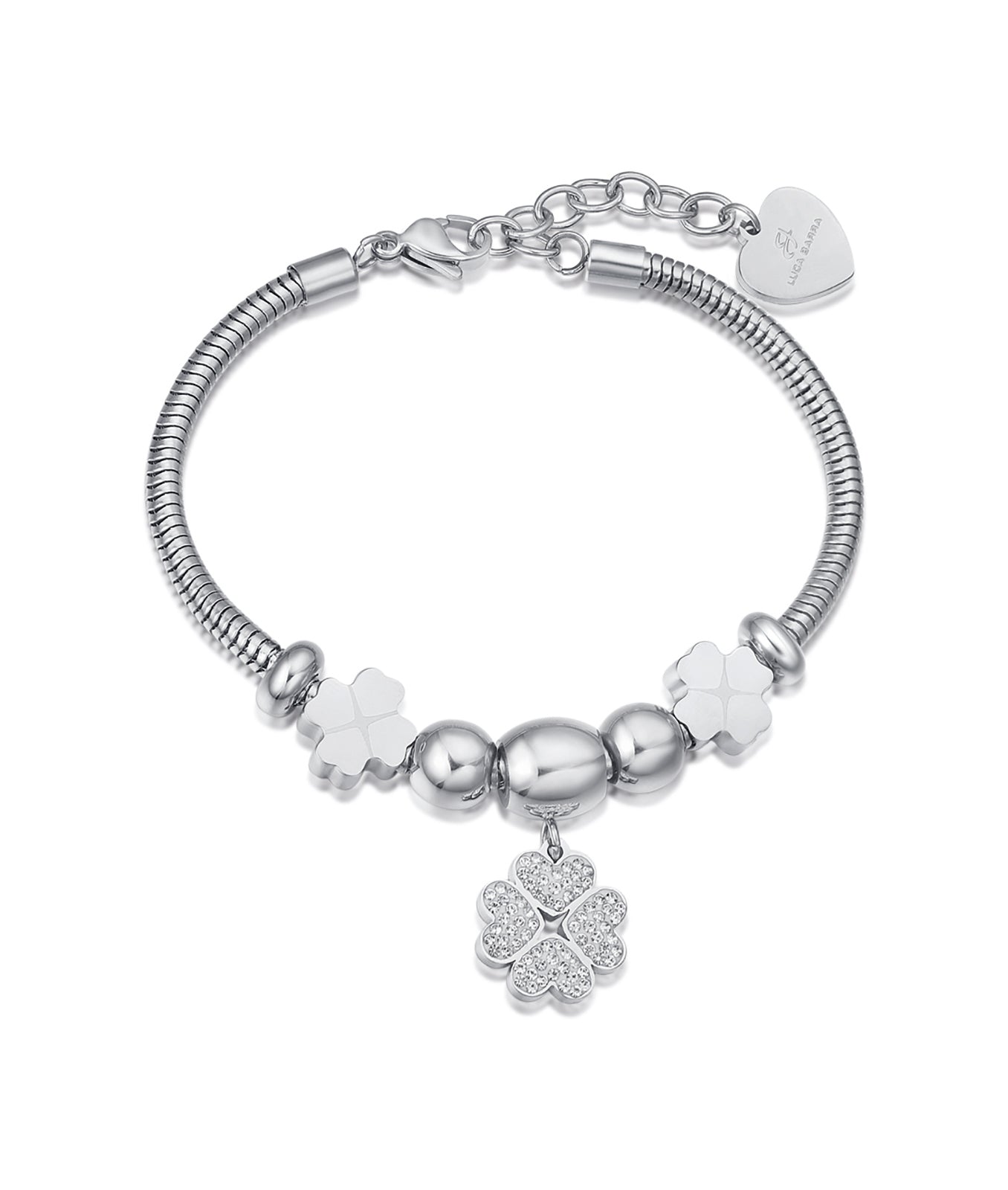 BRACCIALE IN ACCIAIO CON QUADRIFOGLIO CON CRISTALLI BIANCHI E QUADRIFOGLI