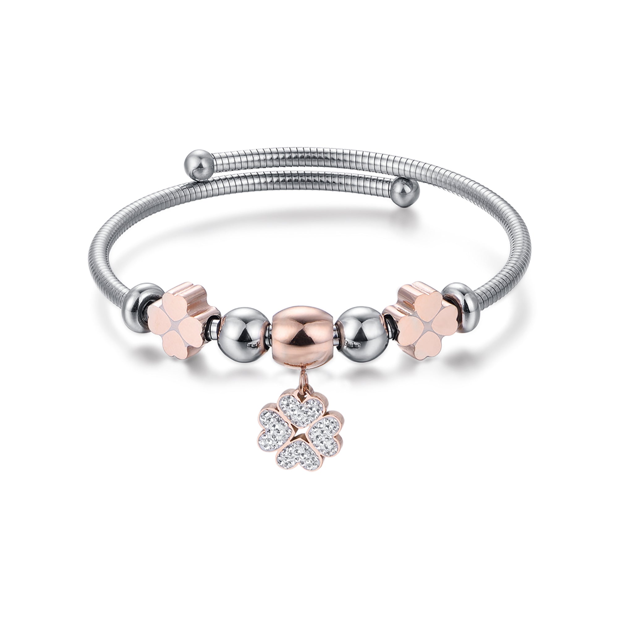 BRACCIALE IN ACCIAIO CON QUADRIFOGLIO IP ROSE CON CRISTALLI BIANCHI