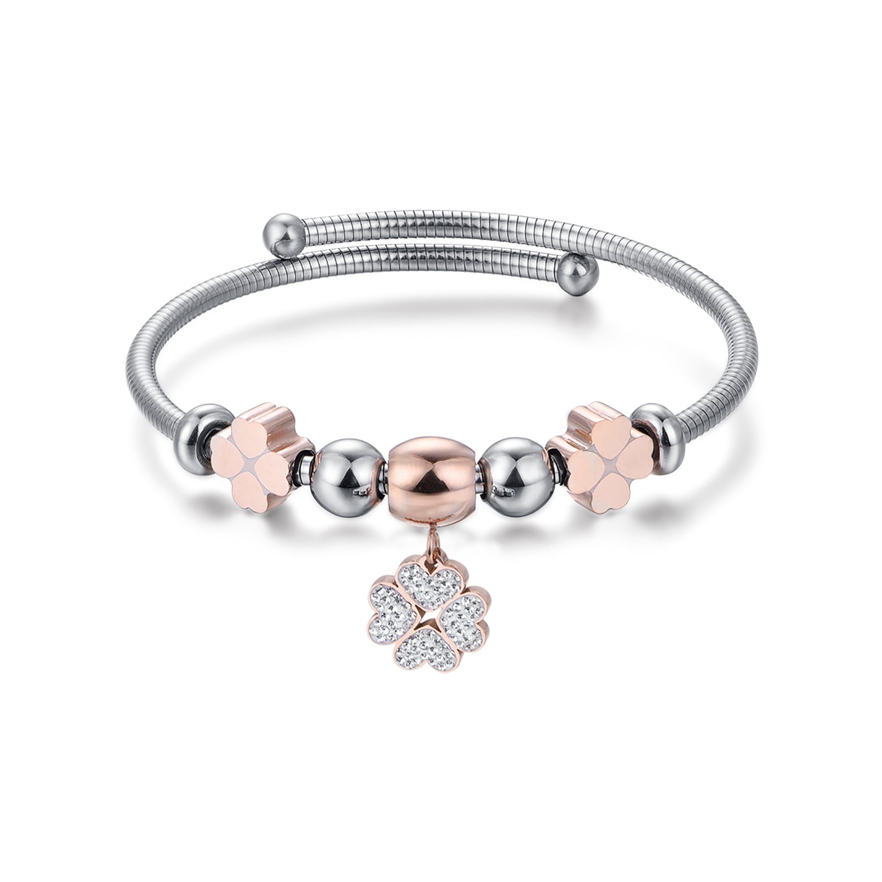 BRACCIALE IN ACCIAIO CON QUADRIFOGLIO IP ROSE CON CRISTALLI BIANCHI