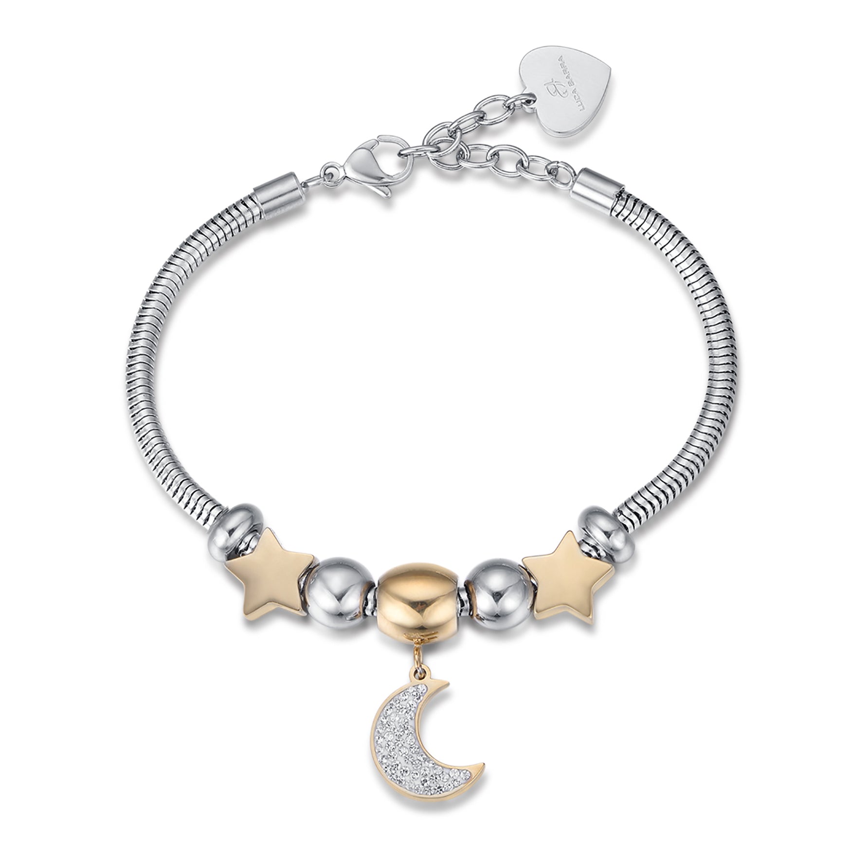 BRACCIALE IN ACCIAIO CON LUNA IP GOLD CON CRISTALLI BIANCHI E STELLE IP GOLD