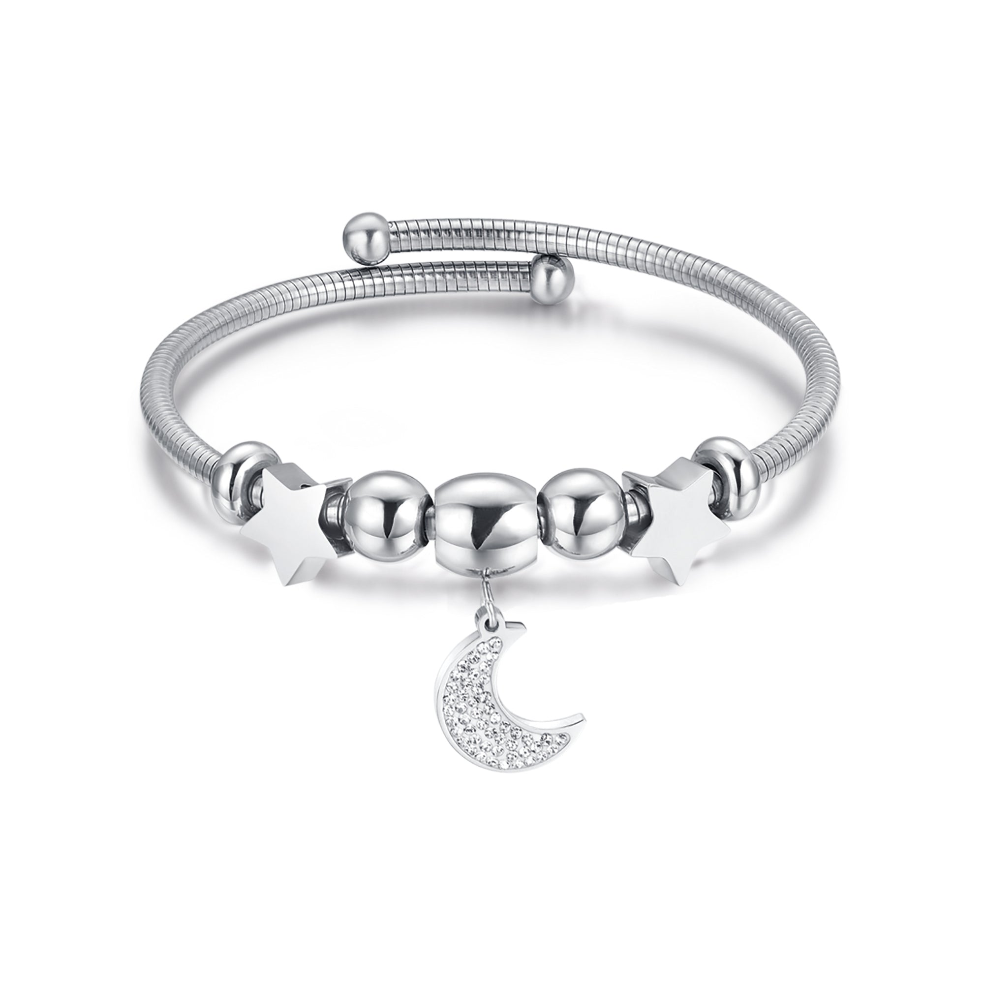 BRACCIALE IN ACCIAIO CON LUNA CON CRISTALLI BIANCHI E STELLE ACCIAIO