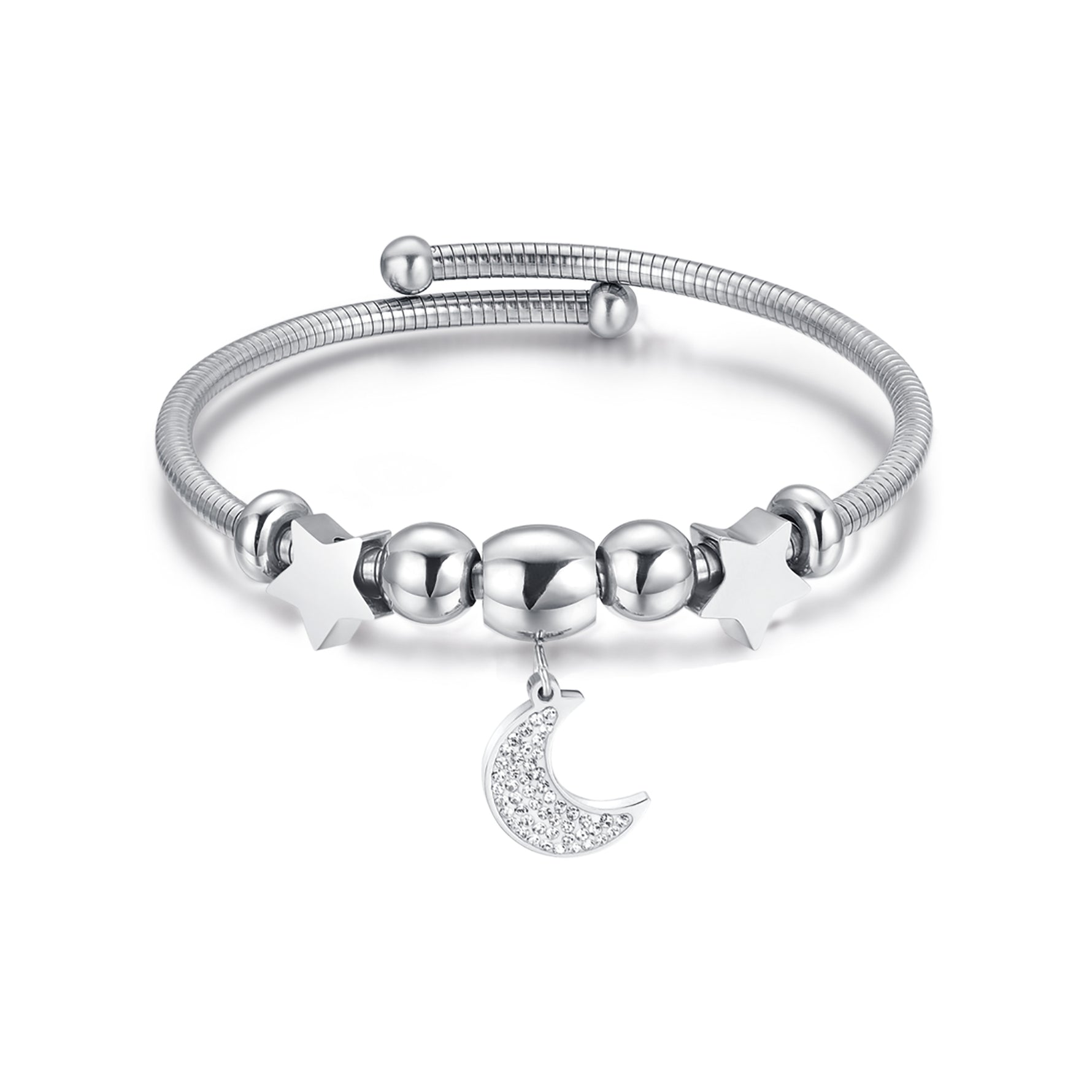BRACCIALE IN ACCIAIO CON LUNA CON CRISTALLI BIANCHI E STELLE ACCIAIO