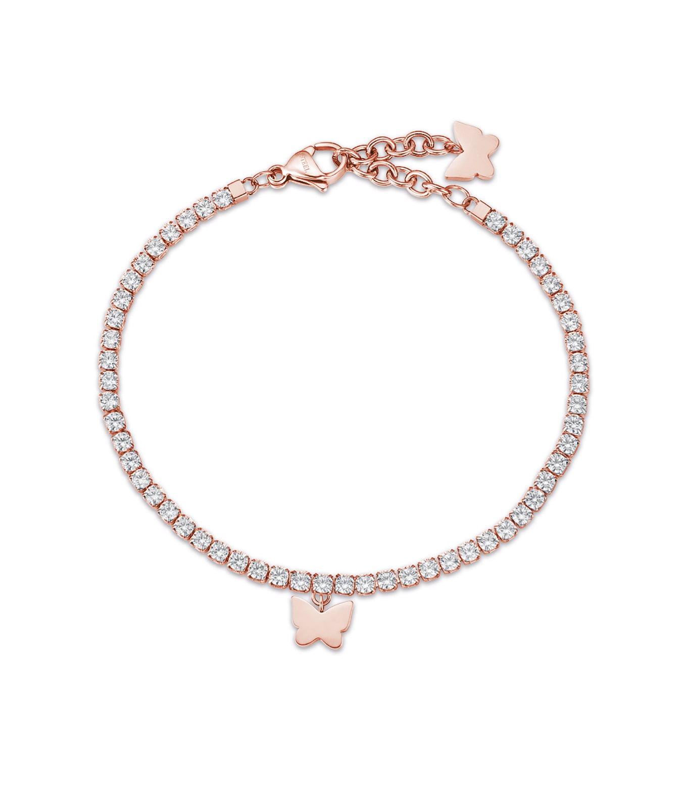 BRACCIALE IN ACCIAIO IP ROSE CON FARFALLA E CRISTALLI BIANCHI