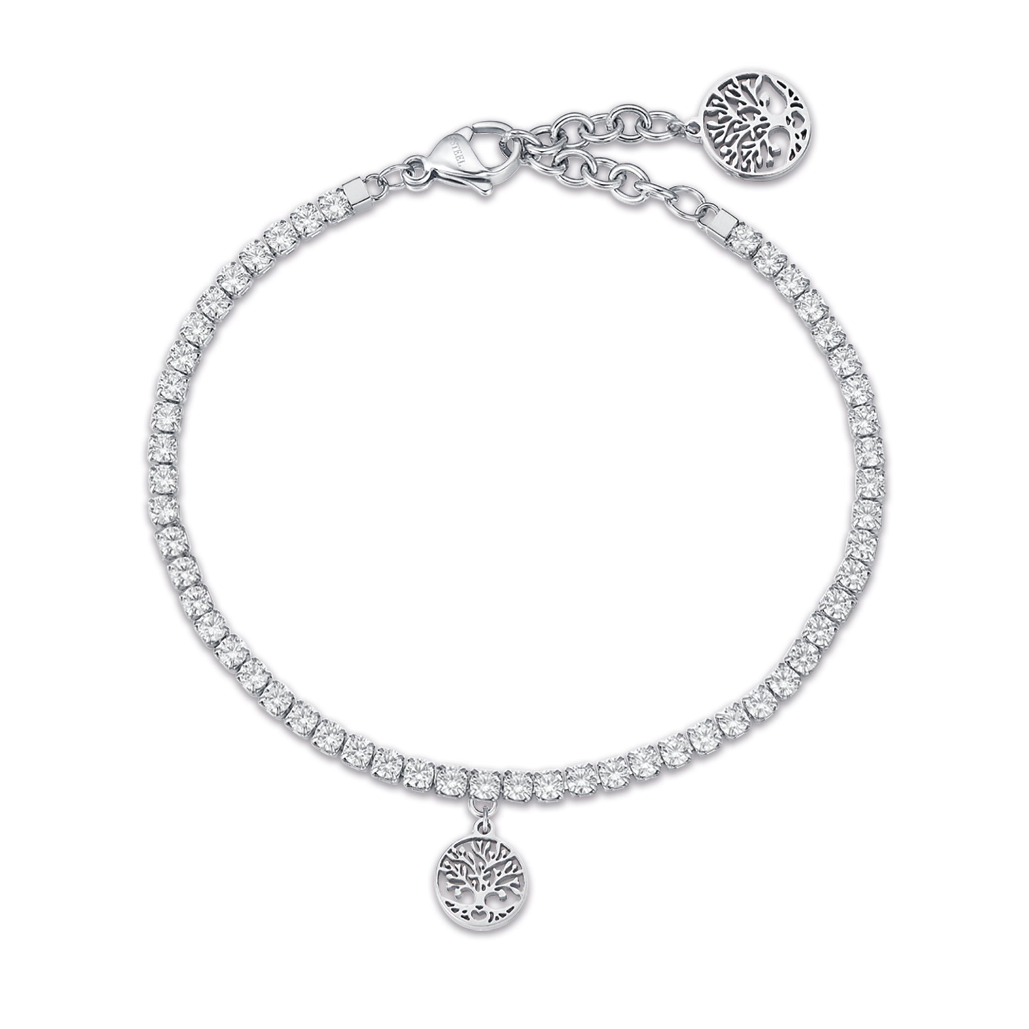 BRACCIALE IN ACCIAIO CON ALBERO DELLA VITA E CRISTALLI BIANCHI