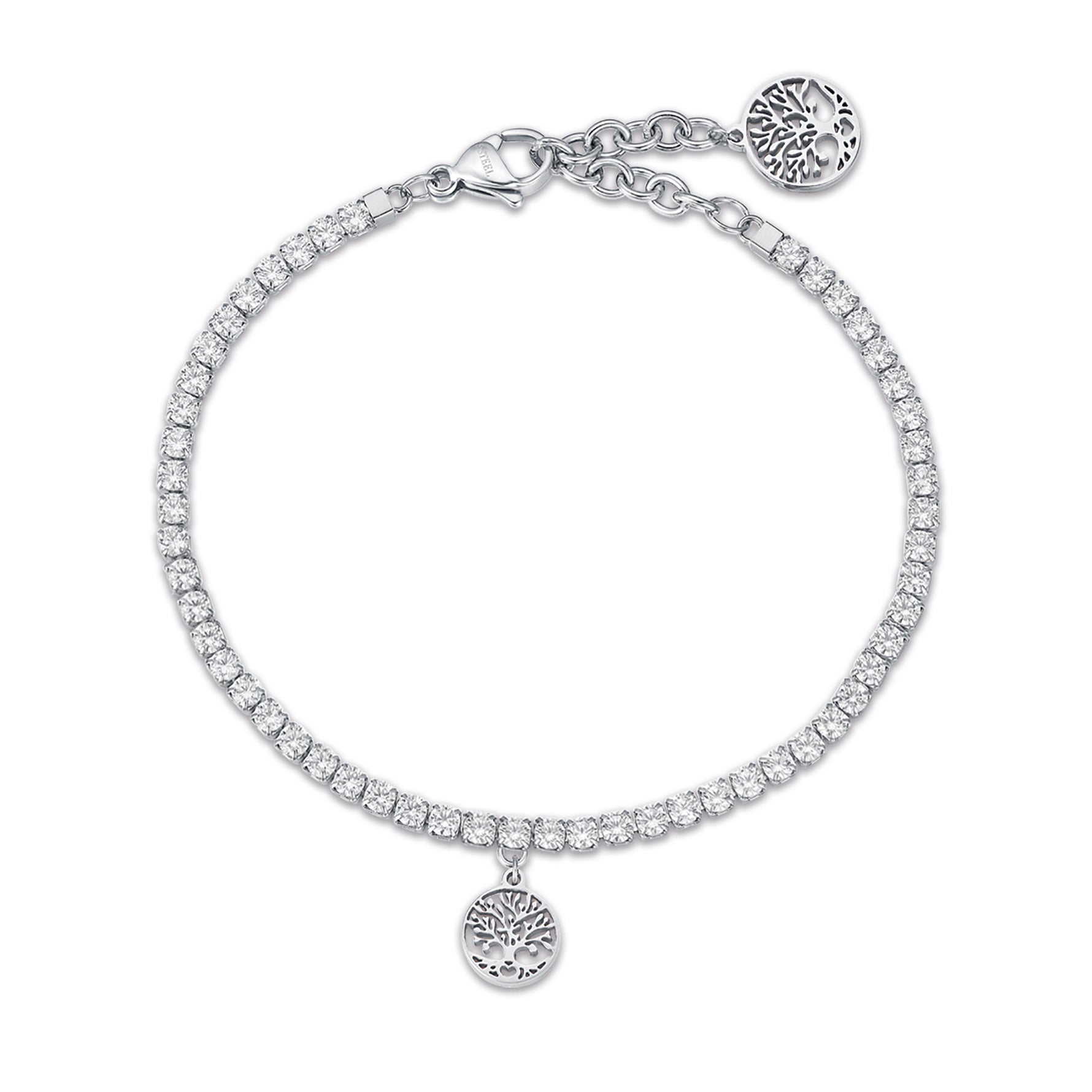 BRACCIALE IN ACCIAIO CON ALBERO DELLA VITA E CRISTALLI BIANCHI