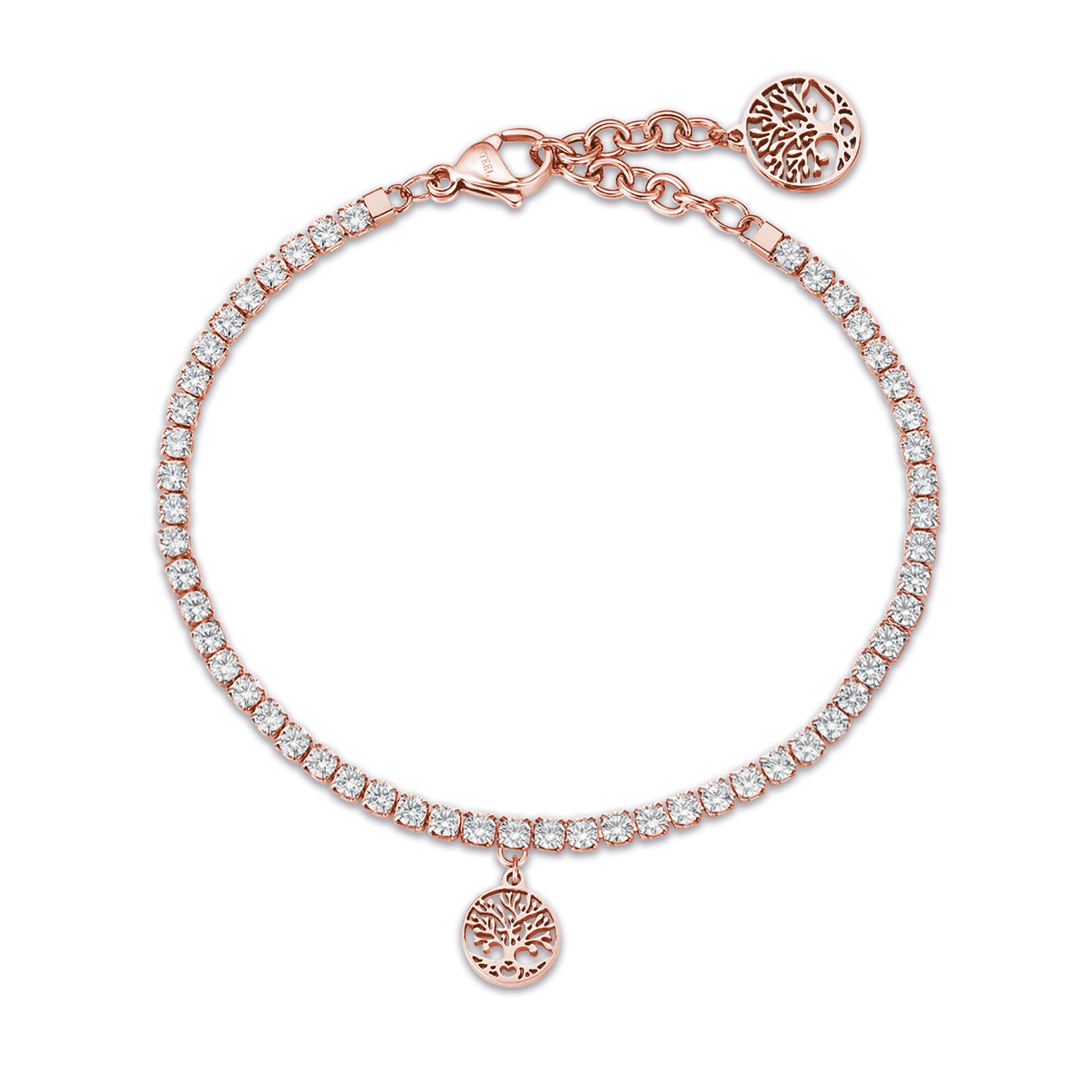 BRACCIALE IN ACCIAIO IP ROSE CON ALBERO DELLA VITA E CRISTALLI BIANCHI