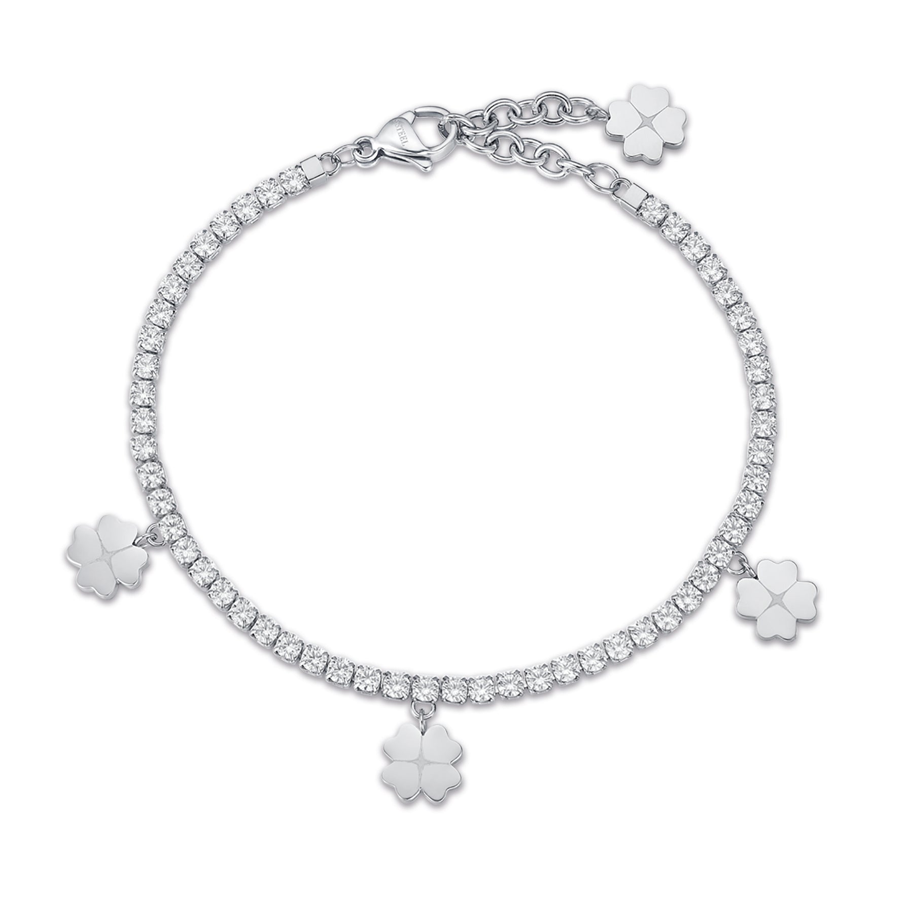 BRACCIALE IN ACCIAIO CON QUADRIFOGLI E CRISTALLI BIANCHI