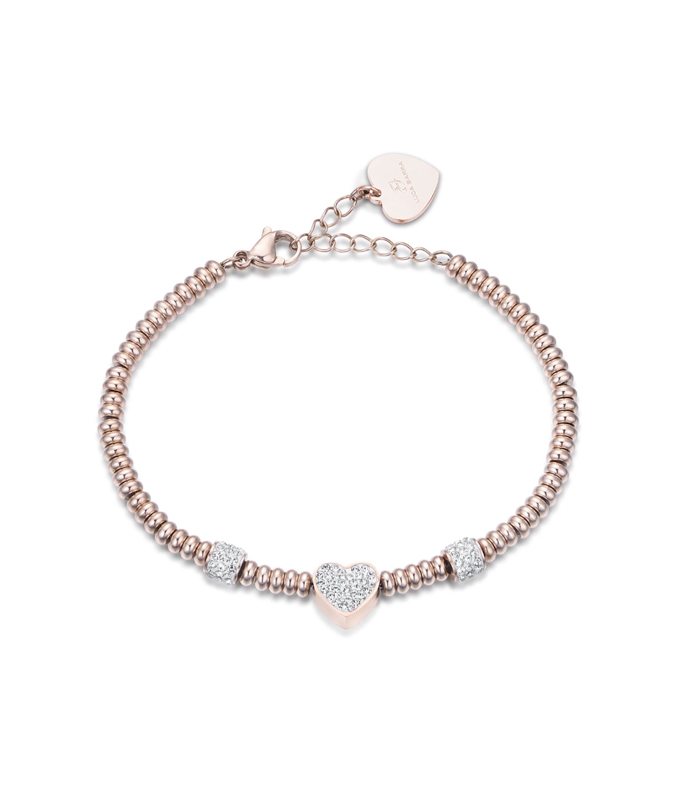 BRACCIALE IN ACCIAIO IP ROSE CON CUORE CON CRISTALLI BIANCHI